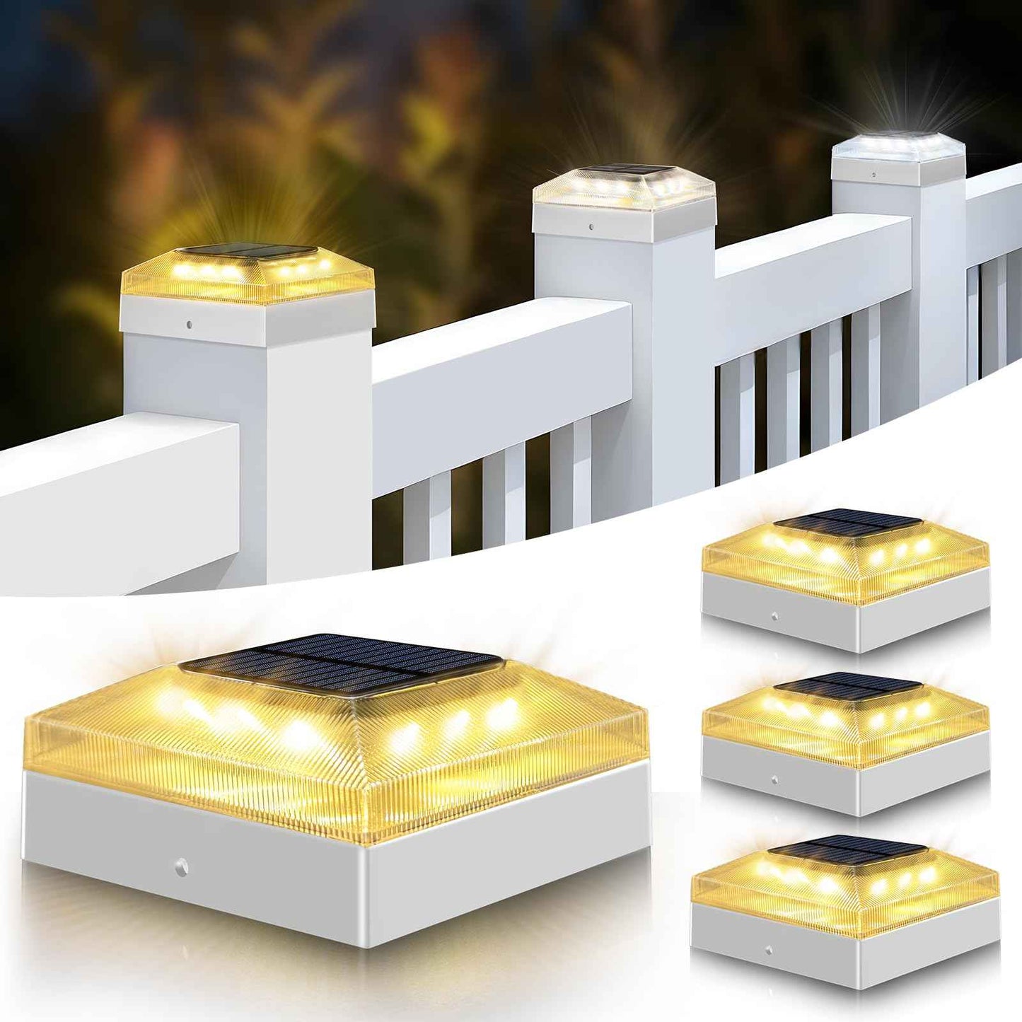 vighep 4x4 Solar Post Cap Lights Outdoor – 4 Pack Fence Post Light with 3 Color Modes, Waterproof Solar Powered Deck Lights for Wooden/Vinyl Posts Top, Garden-White