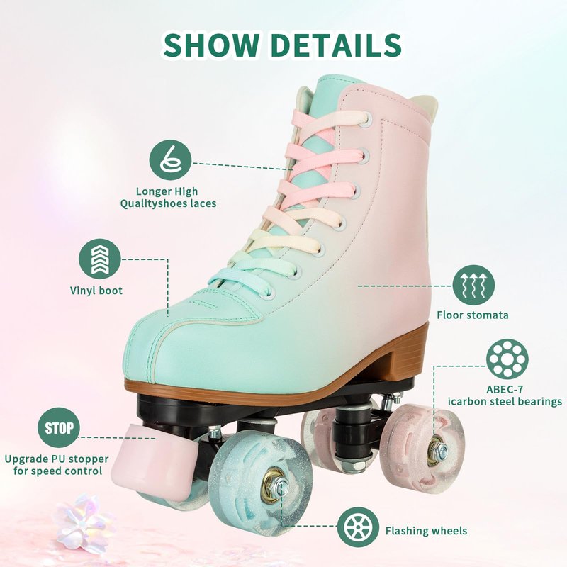 Tmore Quad Roller Skates for Women and Girls, Double-Row Light Up Roller Skate for Indoor Outdoor High Top PU Leather Kids Roller Skates Four-Wheel Adjustable Skates (Green Pink,34)
