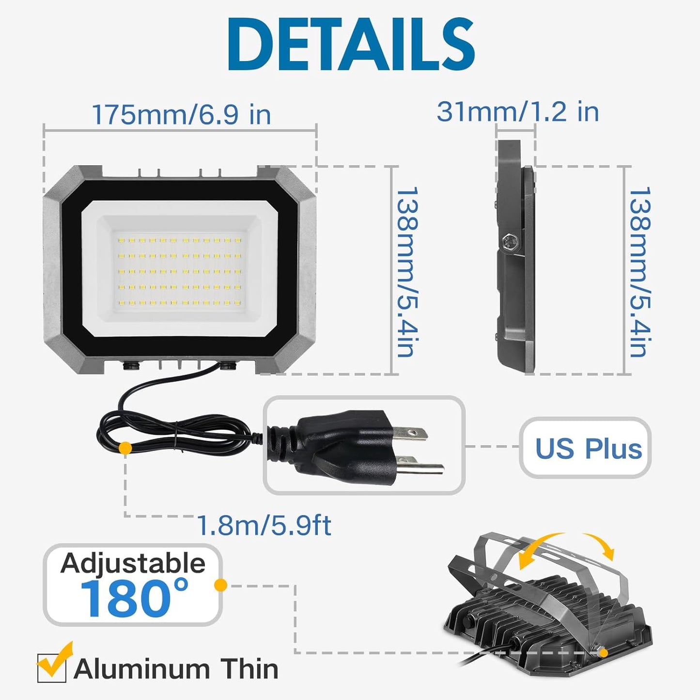 100W LED Flood Lights Outdoor - 2 Pack, 10000LM Super Bright, IP65 Waterproof for Garage, Yard & Garden