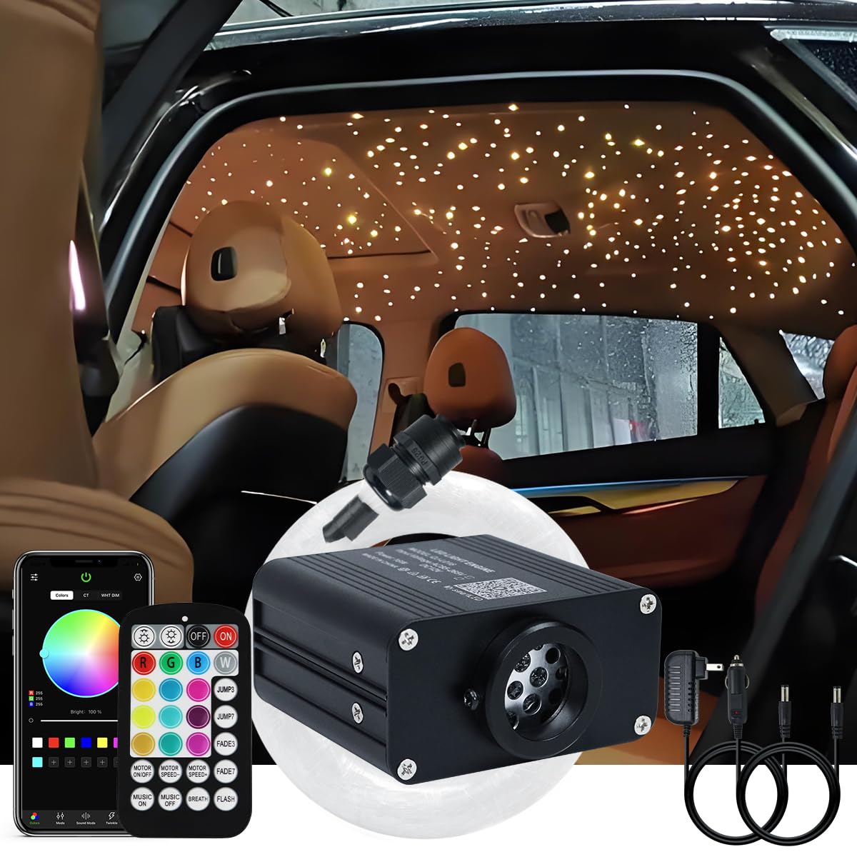AKEPO Small Size 16W Twinkle RGBW APP Fiber Optic Lights, Music Activated 6.5ft/2m 500pcs 0.03in/75mm Optical Fiber Star Ceiling Light Kit for Car Truck Headliner Star/Home