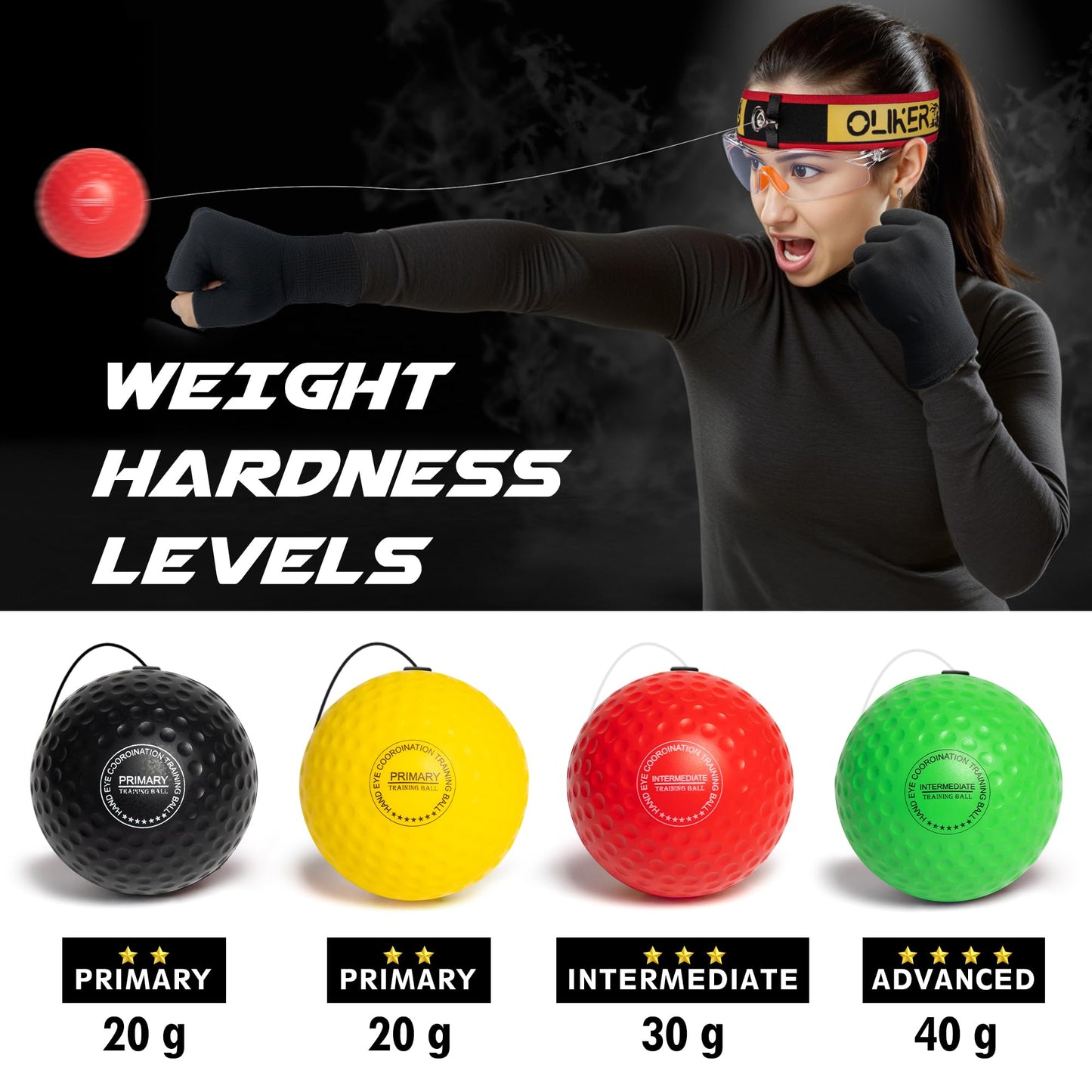 OLIKER Boxing Reflex Ball for Adults and Kids, 4 Levels Boxing Ball with Adjustable Headbands, Perfect for Reaction, Agility, Punching Speed, Fight Skill and Hand Eye Coordination Training (Set-2)