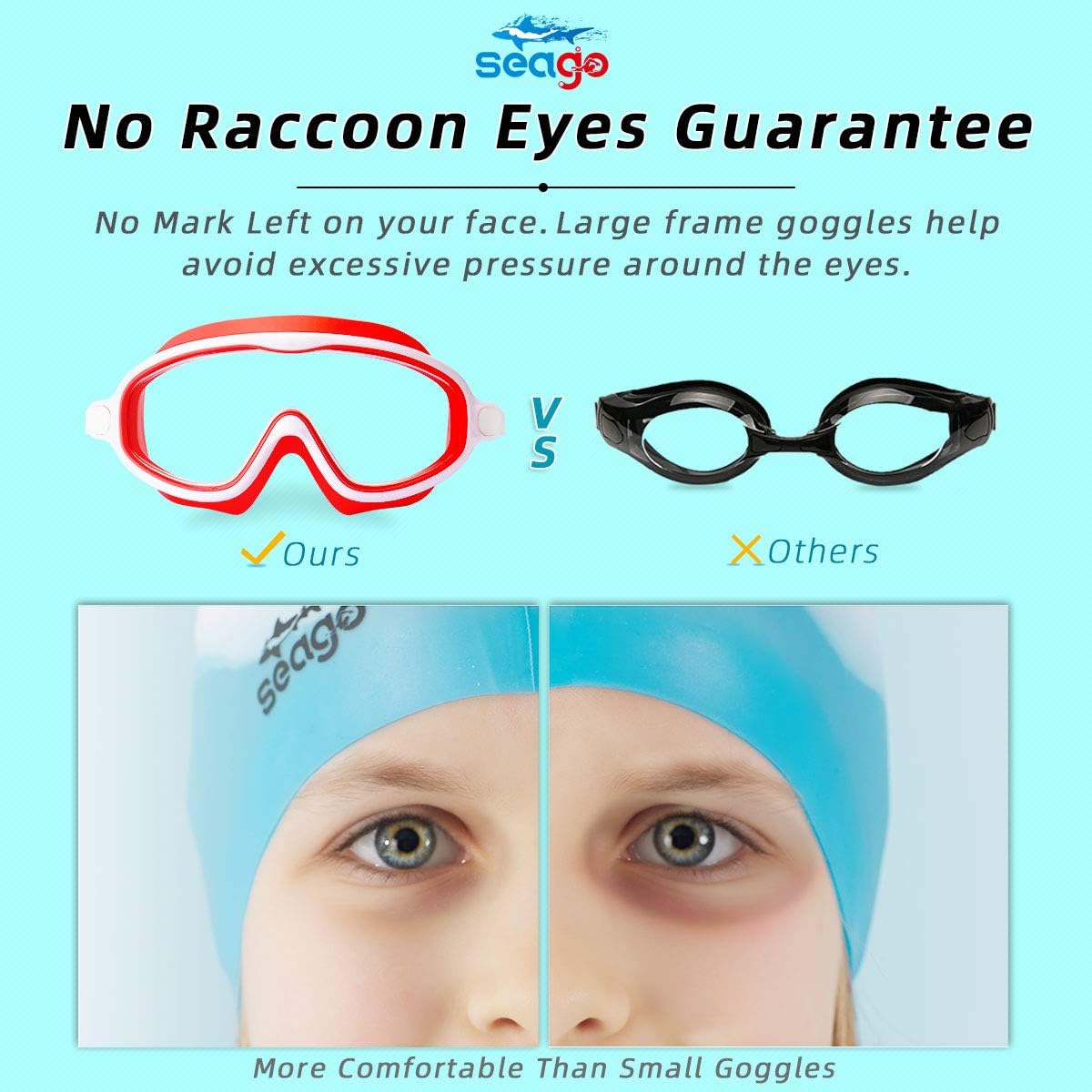 Seago Swim Goggles - Anti-Fog, Anti-UV, Wide View Design | 2 Pack for Kids Ages 3-15