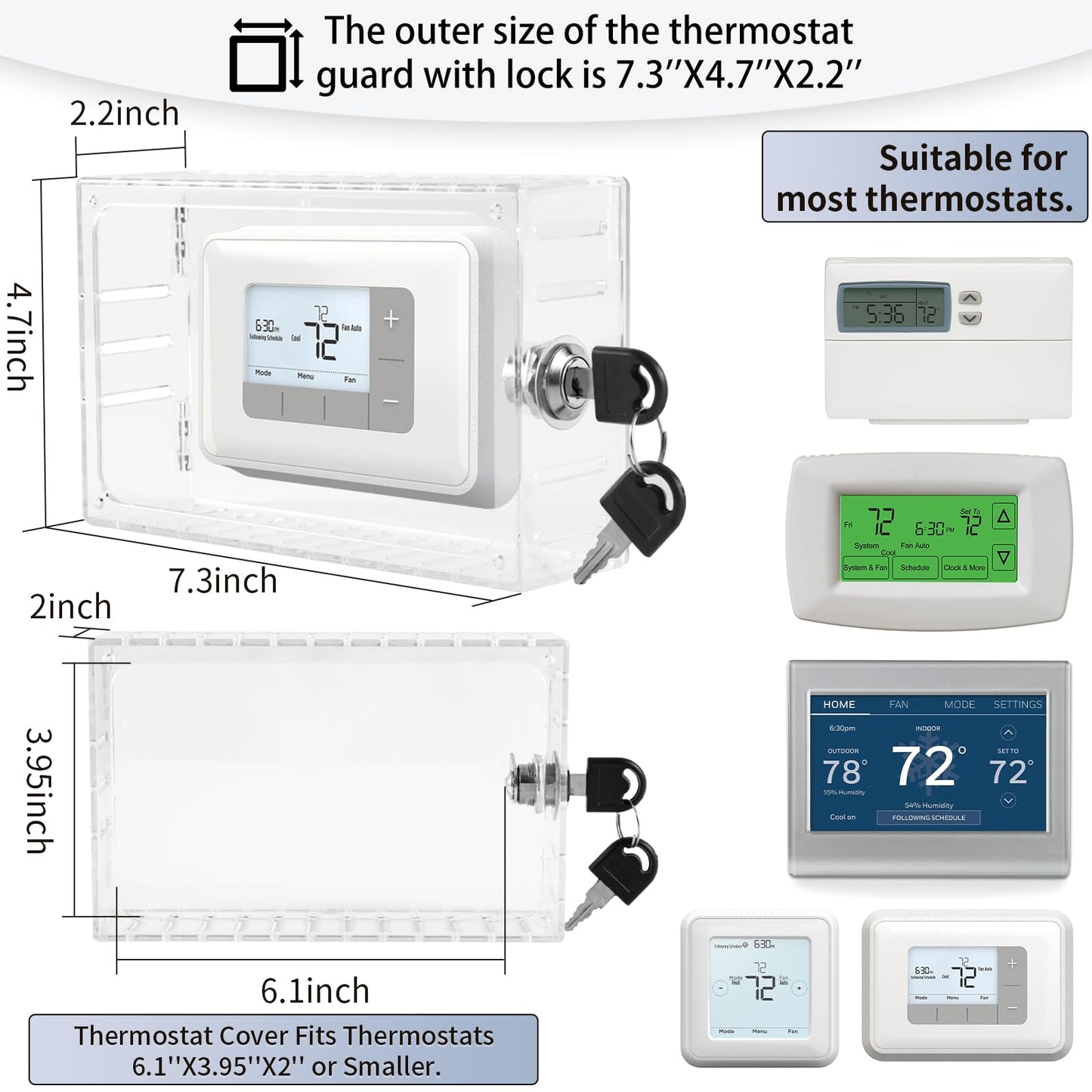 Vazioyar Thermostat Lock Box,Thermostat Lock Box with Key,Thermostat Guard,Transparent Thermostat Protective Cover,Compatible with Wall Mounted Home thermostats