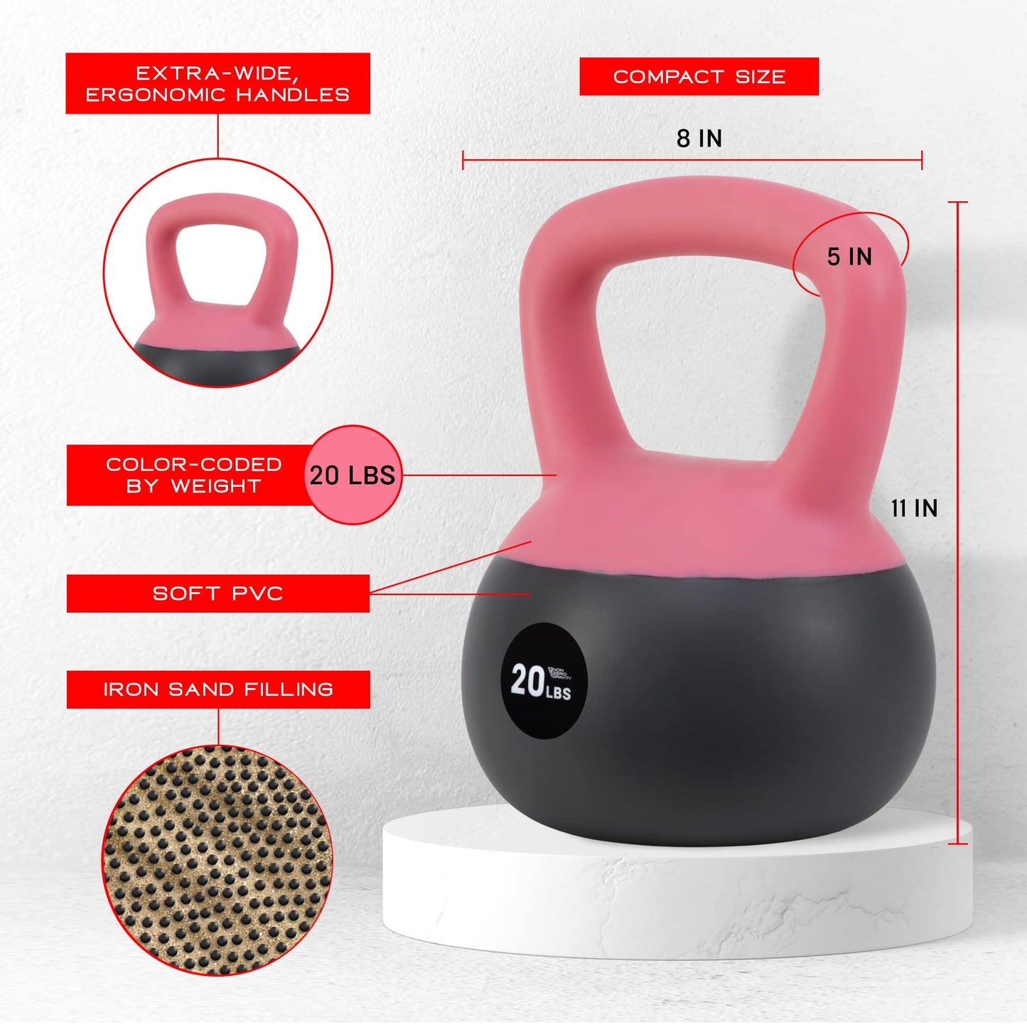 NonZero Gravity Iron Sand Soft Kettlebell with PVC Shell, Shock-Absorbing Base & Extra-Wide Grip for Versatile Workouts | Durable Strength Training Equipment, 15 lbs