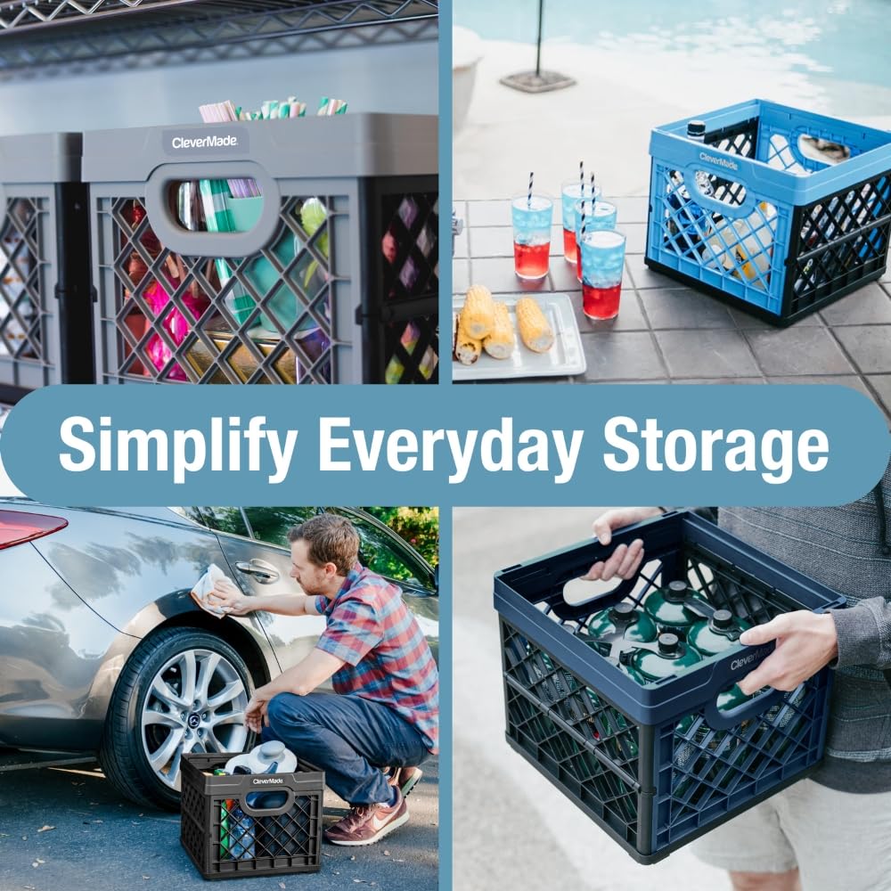 CleverMade Collapsible Milk Crate, Obsidian, 1PK - 25L (6 Gal) Stackable Storage Bins, Holds 50lbs Per Bin - Clevercrates are Heavy Duty, Plastic Collapsible Storage Crate for Multi Purposes