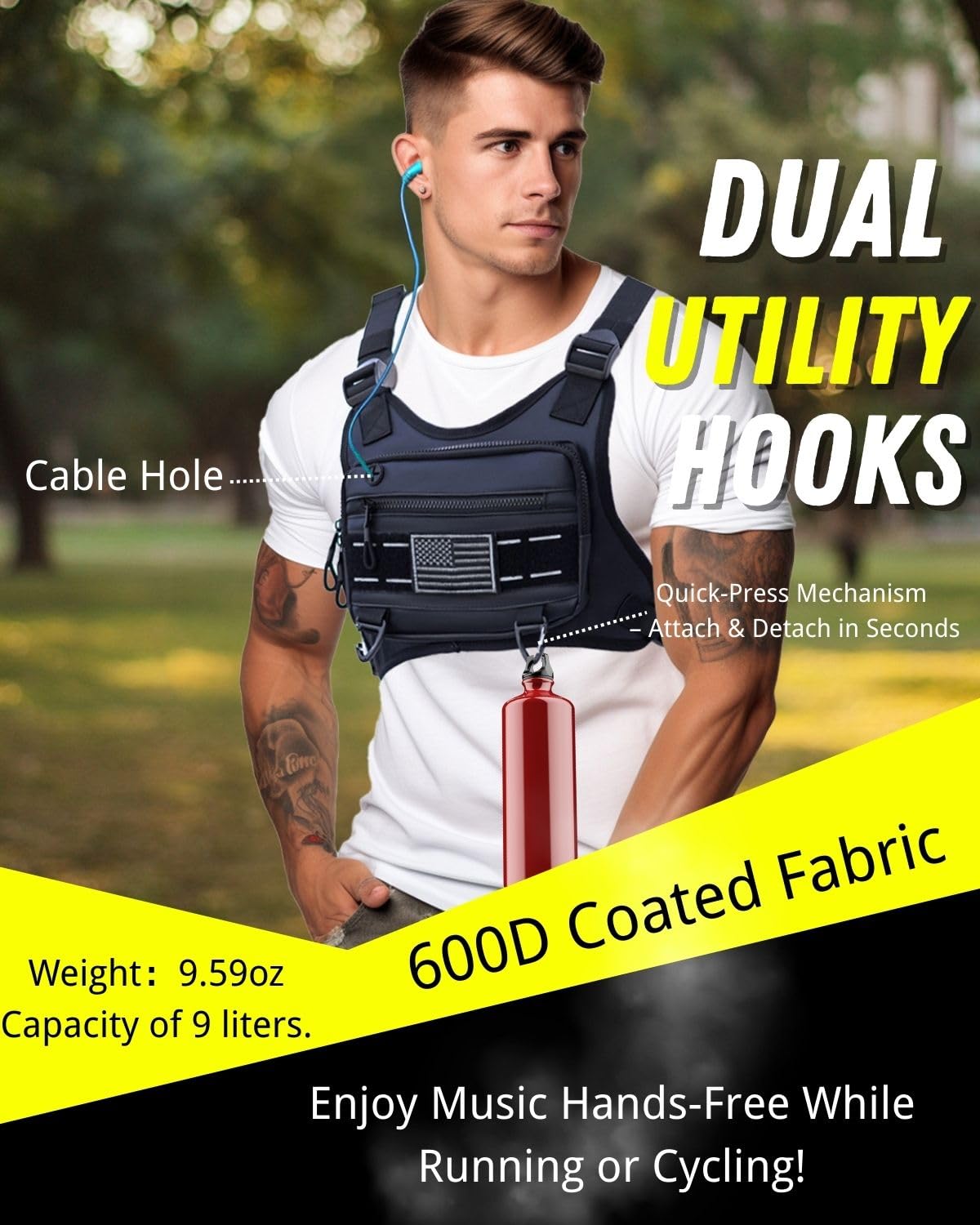 Outdoor Chest Bag for Men, Lightweight Water Resistant Chest Pack with Phone Holder & Extra Storage - Adjustable Tactical Utility Vest for Running, Hiking, Cycling, Workouts, Travel (Black)