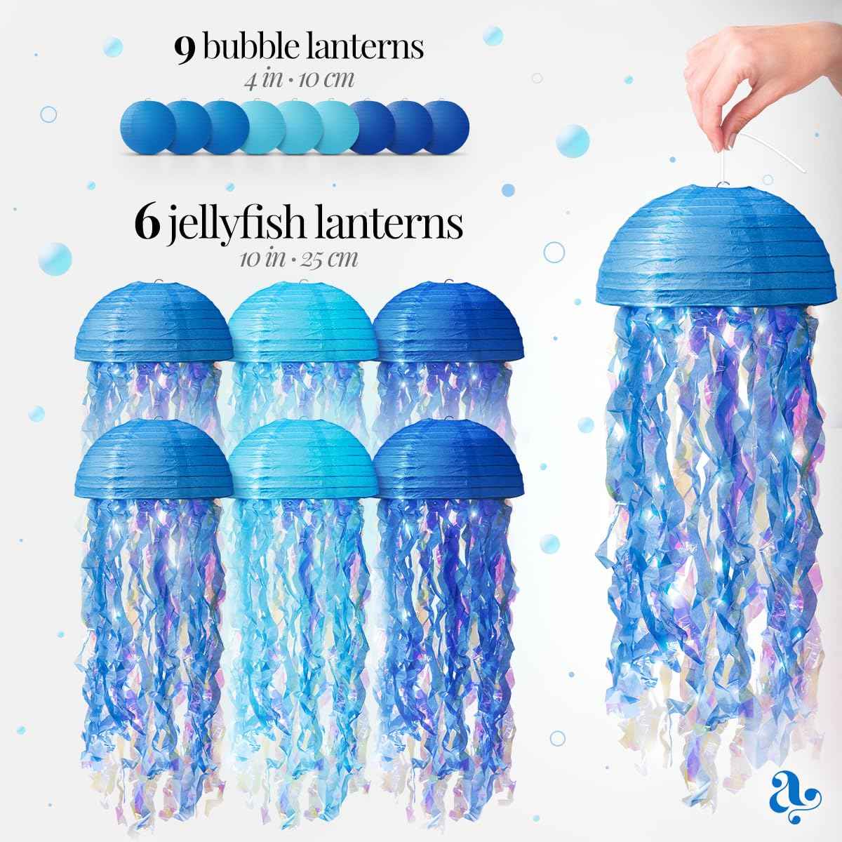 Jellyfish Paper Lanterns and Bubbles - Under Sea Party Decorations, Mermaid Party Decor, Mermaid Birthday Decorations and Hanging Jellyfish Decor by Avoseta (15pcs, Jelly Fish, Blue and Cyan)