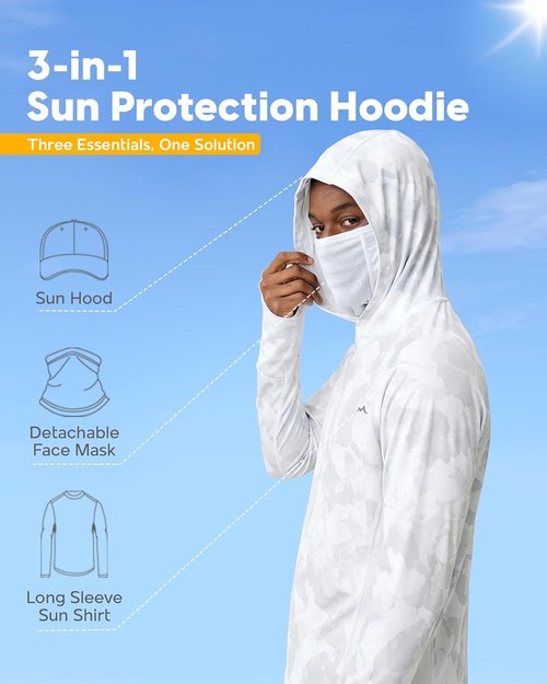 Maamgic Men's Fishing Shirt - UPF 50+ Sun Protection Hoodie with Detachable Face Mask, Long Sleeve
