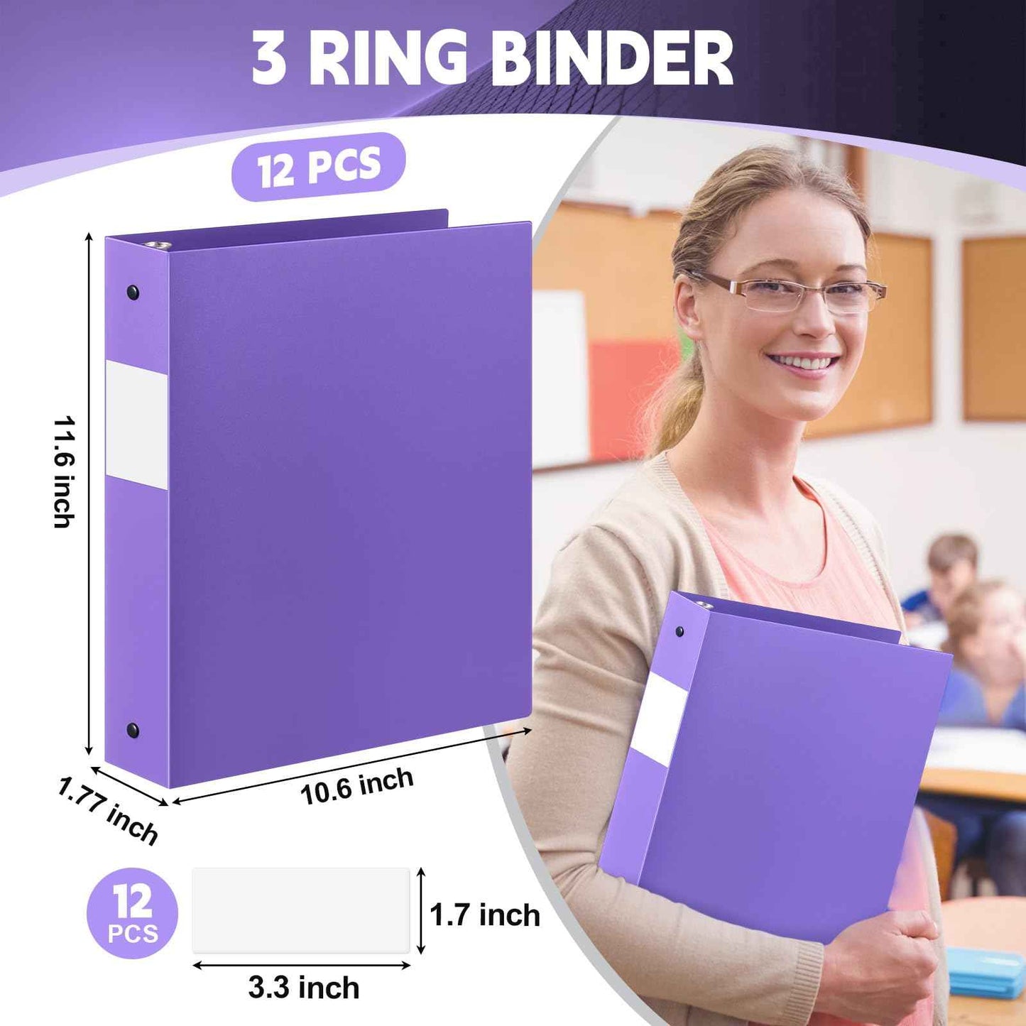 Henoyso 12 Pcs 3 Ring Binder 1.5 Inch Plastic Flexible Round Binder Fits Letter Size 8.5 x 11 Inch Paper Holds 300 Sheets with 1 Pockets for Office School (Purple)