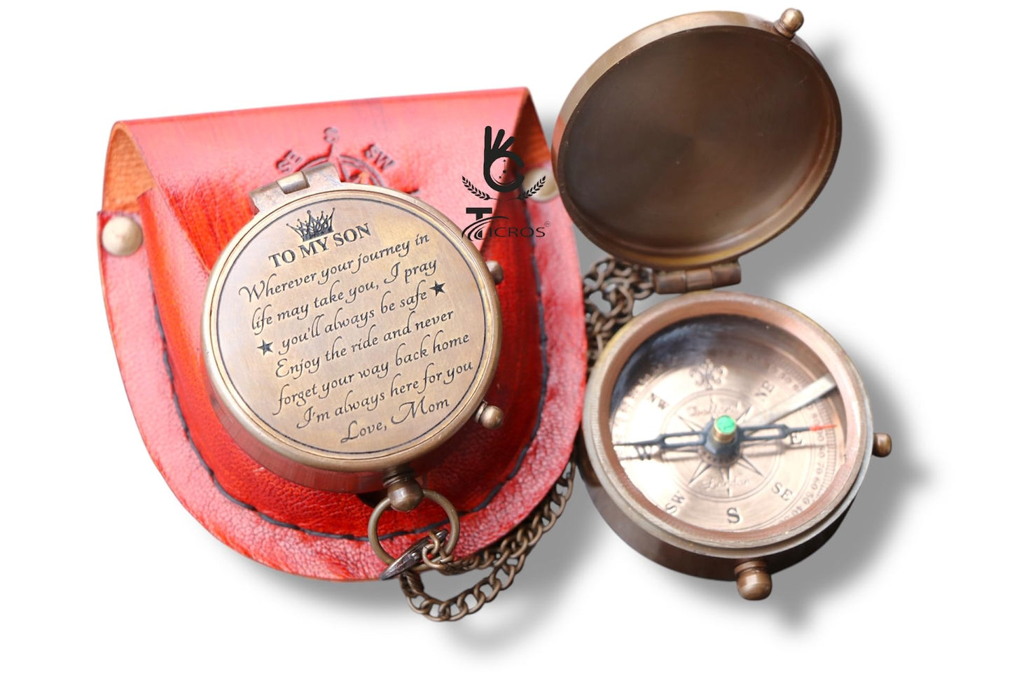 ''to My Son'' Love Mom to Son – Vintage Brass Pocket Compass with Leather Case, Gift for Son, Mom to Son Gift, Graduation Gift, Guidance Gift, Special Son Gift, Birthday Gift