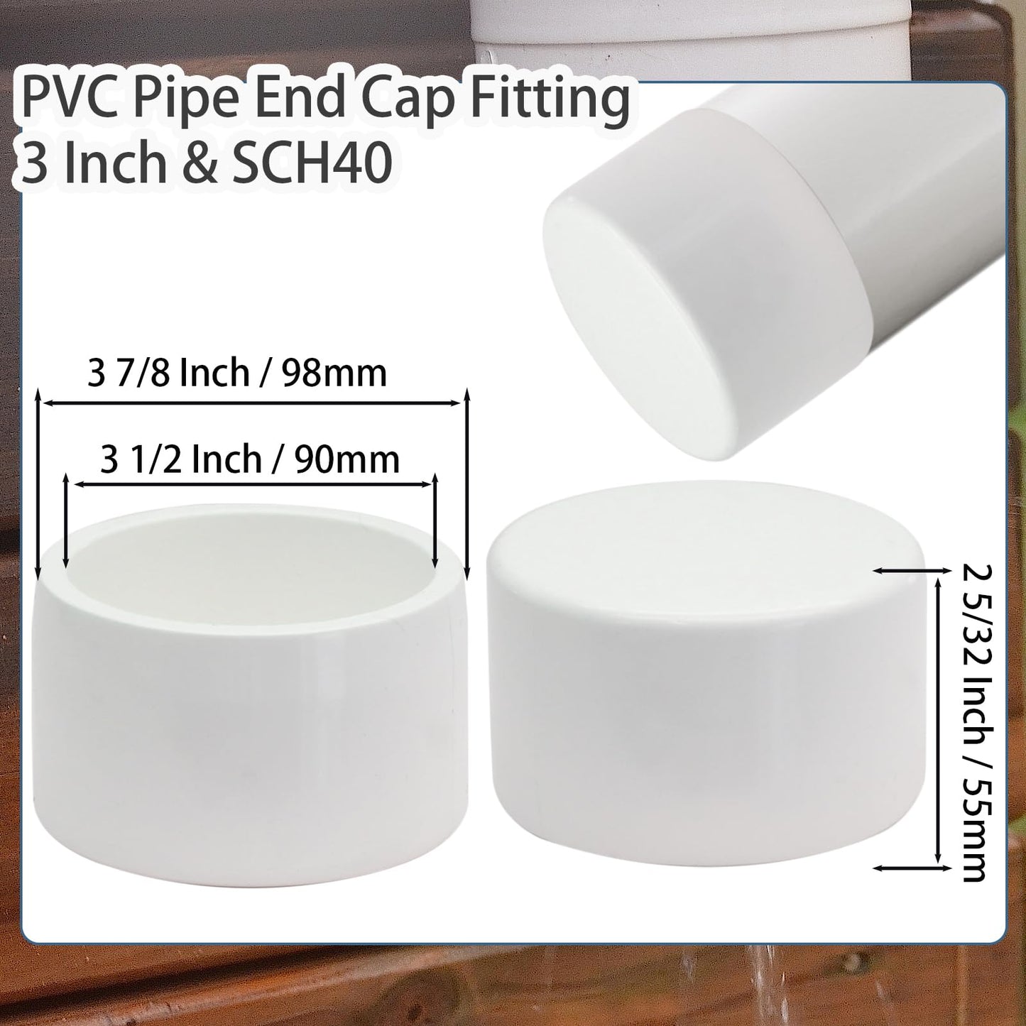 Qjaiune 2 Pack 3 Inch PVC Cap, SCH40 PVC Pipe End Cap Fitting Furniture Grade PVC Pipe End Cap Plug Adapter, White PVC Pipe Plug Socket Fittings for Build PVC Furniture DIY Garden Shelf