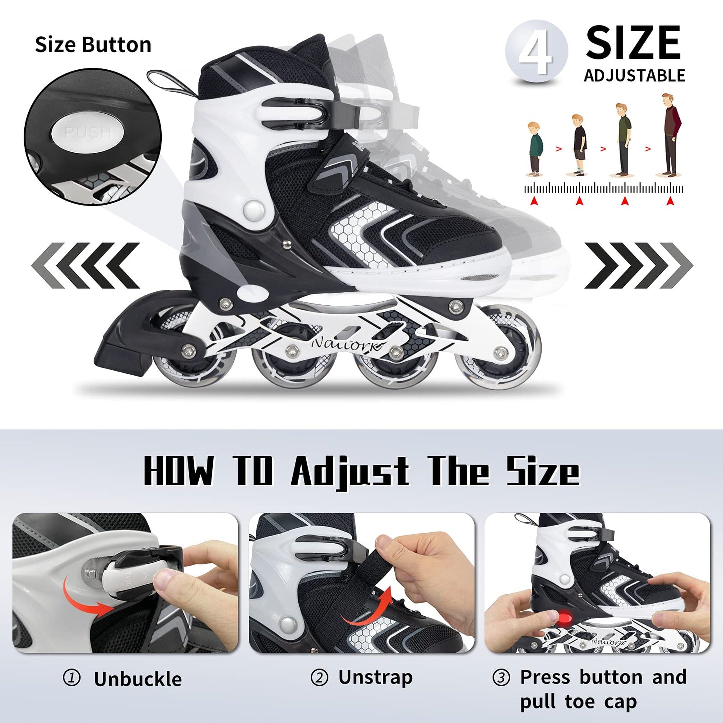 Nattork Adjustable Inline Skates for Kids,Boys Girls Roller Skates with Light up Wheels