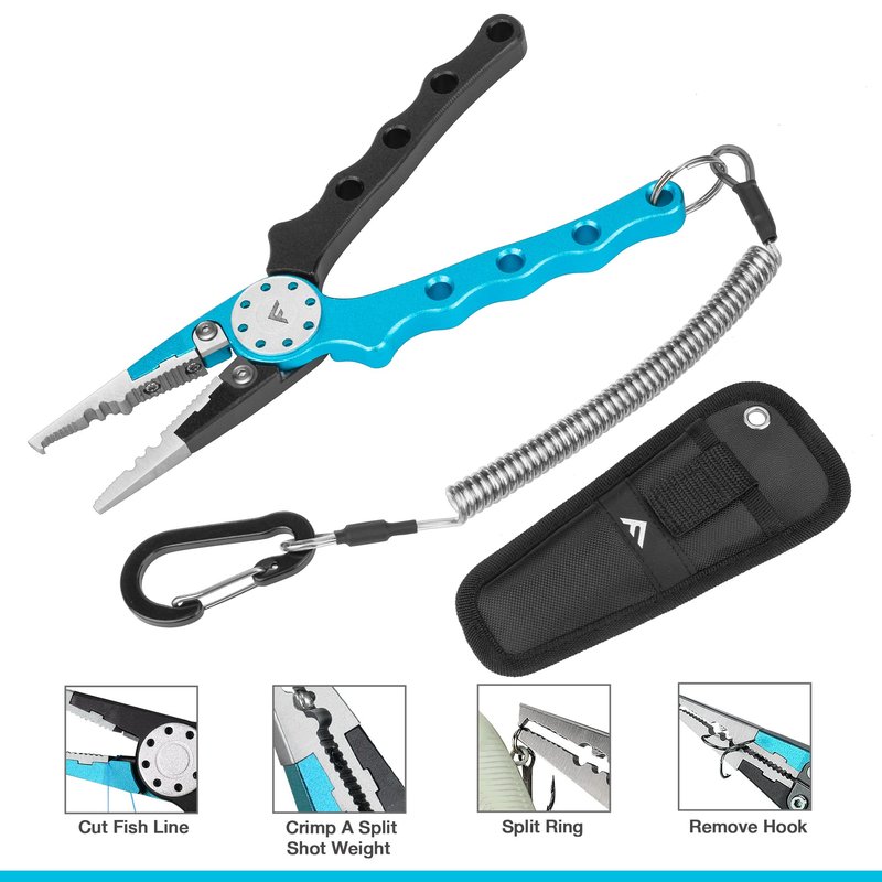 FLISSA 4-Piece Fishing Tool Kit Includes Muti-Function Fishing Pliers, 6" Fish Fillet Knife with Sheath, Braided Line Scissors with Sheath, Fish Scale with Lip Gripper and 3pcs Safety Coiled Lanyard