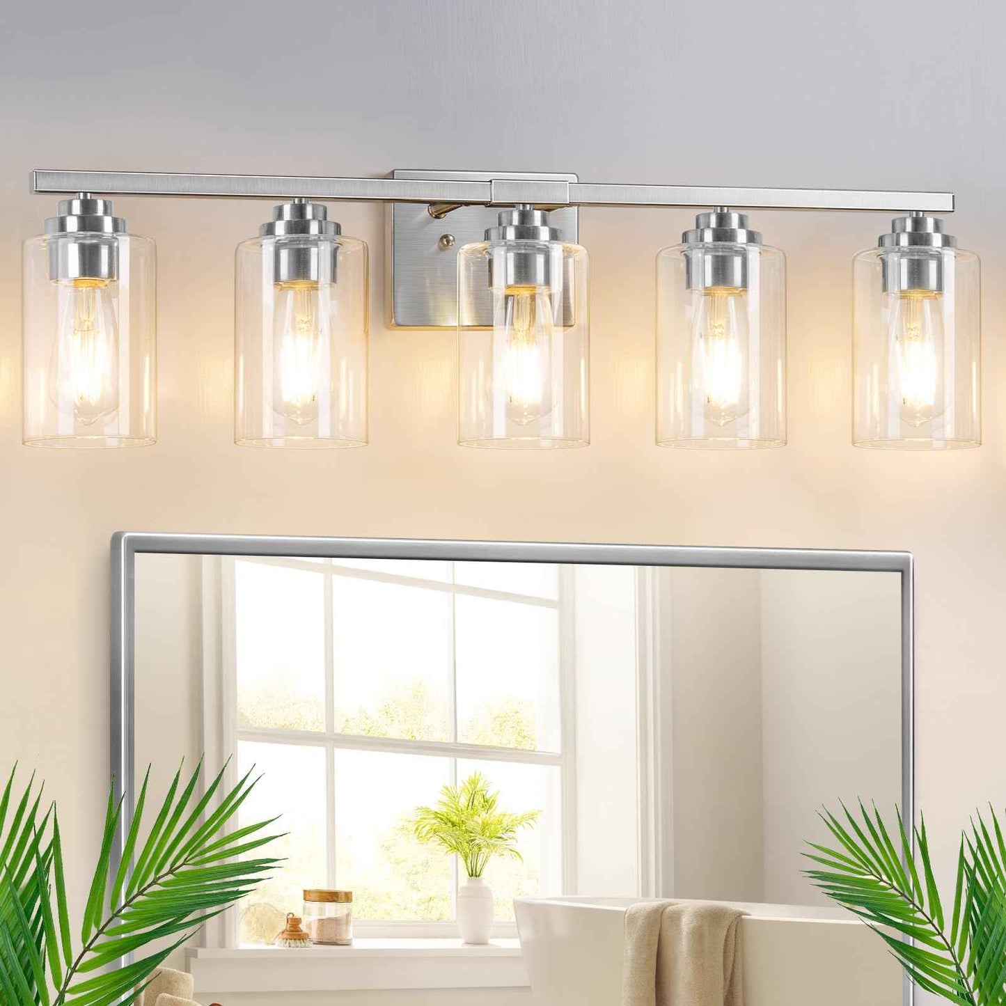 5-Light Bathroom Light Fixtures, 31" Modern Vanity Lights Over Mirror with Clear Glass Shades, Brushed Nickel Light Fixture, Classic Wall Light Fixture for Mirror Living Room Cabinet Bedroom Porch