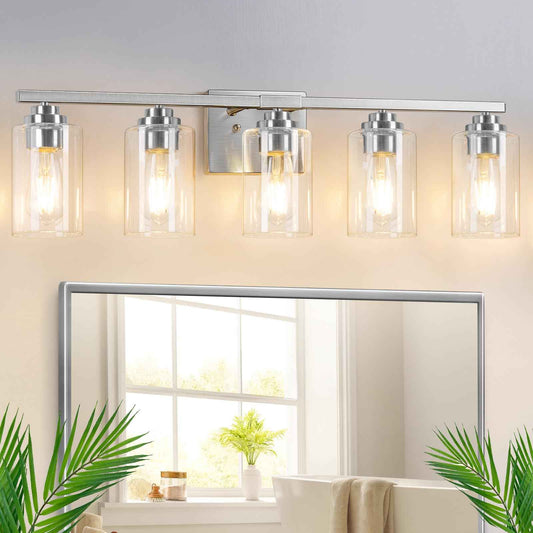 5-Light Bathroom Light Fixtures, 31" Modern Vanity Lights Over Mirror with Clear Glass Shades, Brushed Nickel Light Fixture, Classic Wall Light Fixture for Mirror Living Room Cabinet Bedroom Porch