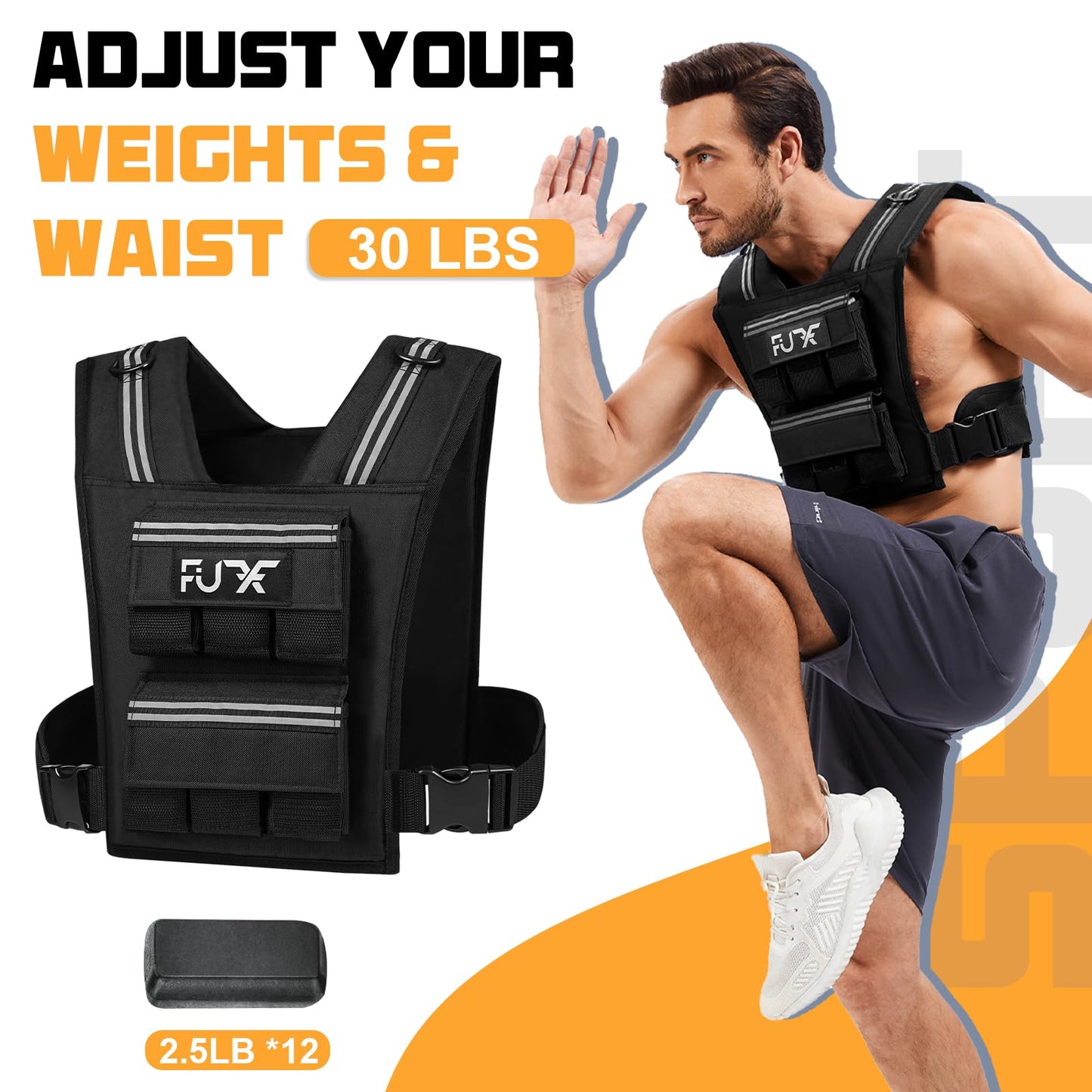 FUFF Adjustable Weighted Vest Men,30 LB Weight Vest for Strength Trainin, Workout Vest Woman with Removable Iron Weights for Walking, Rucking, Running, Exercise