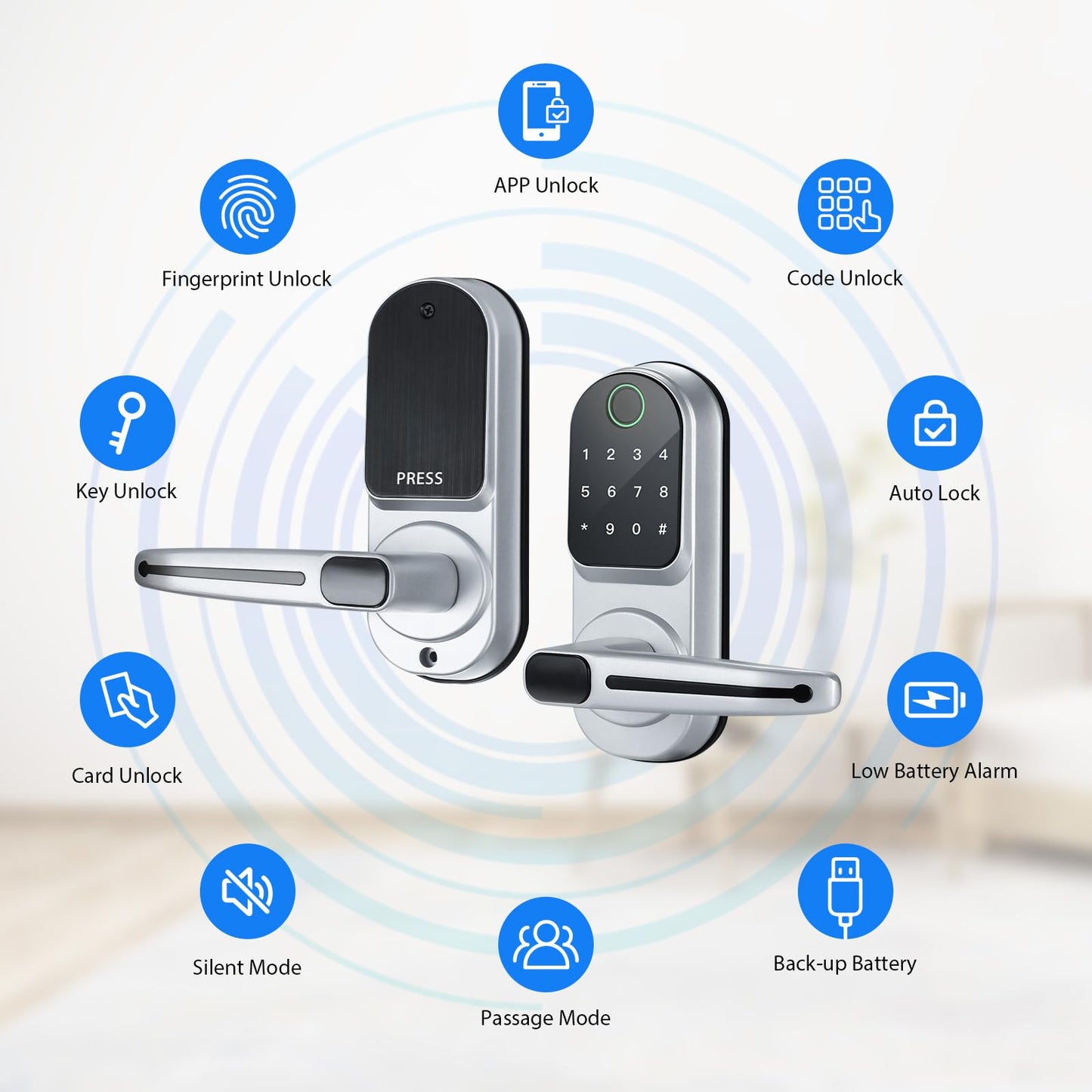 CATCHFACE Smart Fingerprint Lock - Keyless Entry Door Lock with Reversible Handle - Silver