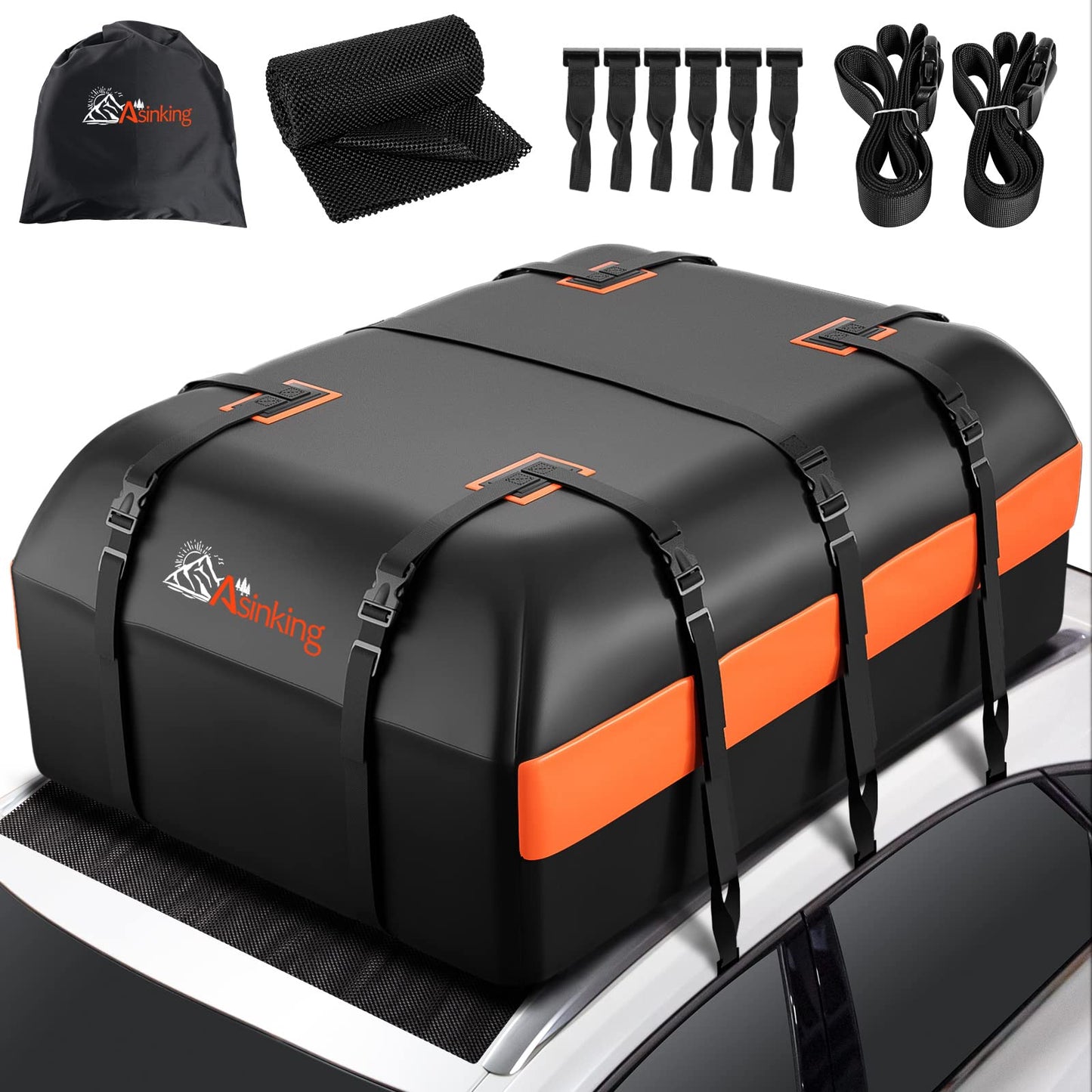 Car Rooftop Cargo Carrier Bag, 16 Cubic Feet Waterproof Car Topper Luggage Storage Bag with Large Capacity & Maximum Protection to Minivan SUV Vehicles w/wo Roof Rack, Non-Slip Mat, Door Hooks, Lock