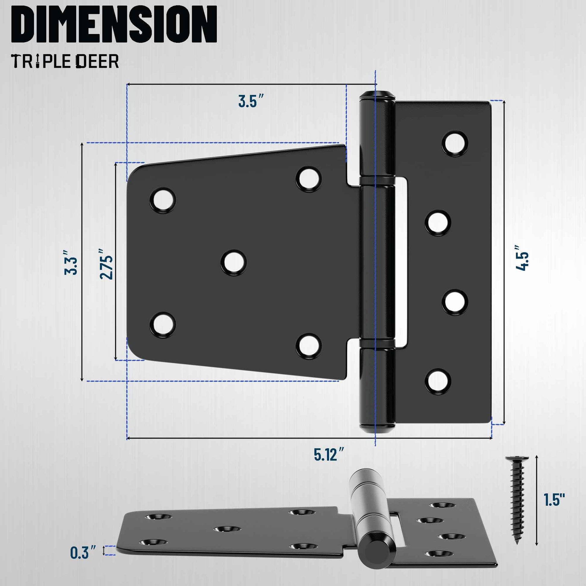 TRIPLE DEER 3.5 Inch Heavy Duty Gate Hinges, Extra Thick Gate Hinges for Wood Fence Barn Door Shed Gate Swing Door, Black Finish Door Strap Hinge, 4 Pack