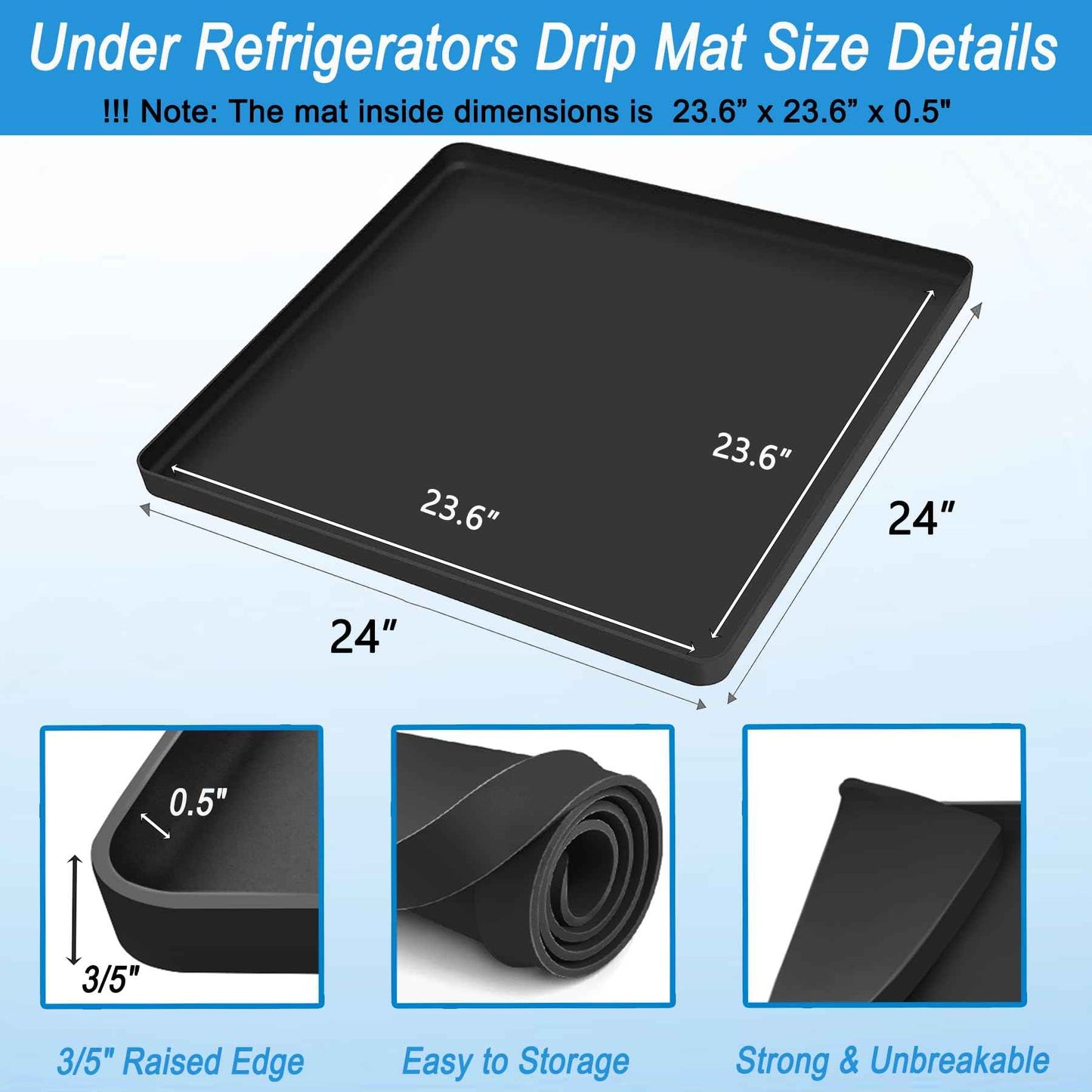 Mini Fridge Mat for Carpet, 24" x 24" x 0.8" Refrigerator Floor Protector, Under Refrigerators Silicone Mat with Raised Edge, Laundry Guards for Washer and Dryer Pan, AC Drip Pan Mat