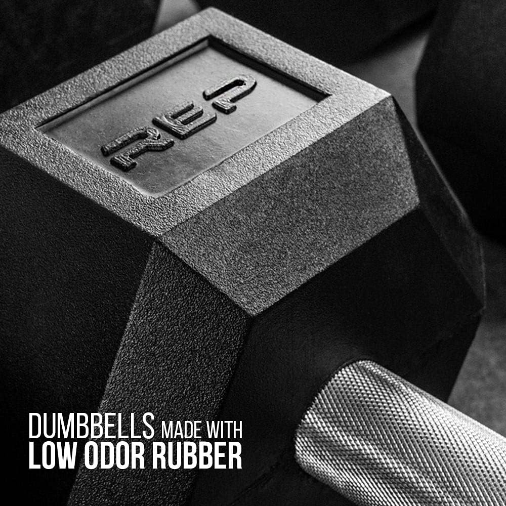 Rep Fitness Rubber Hex Dumbbells - Low Odor, Fully Knurled Handle | Singles & Pairs (5LB - 55LB)