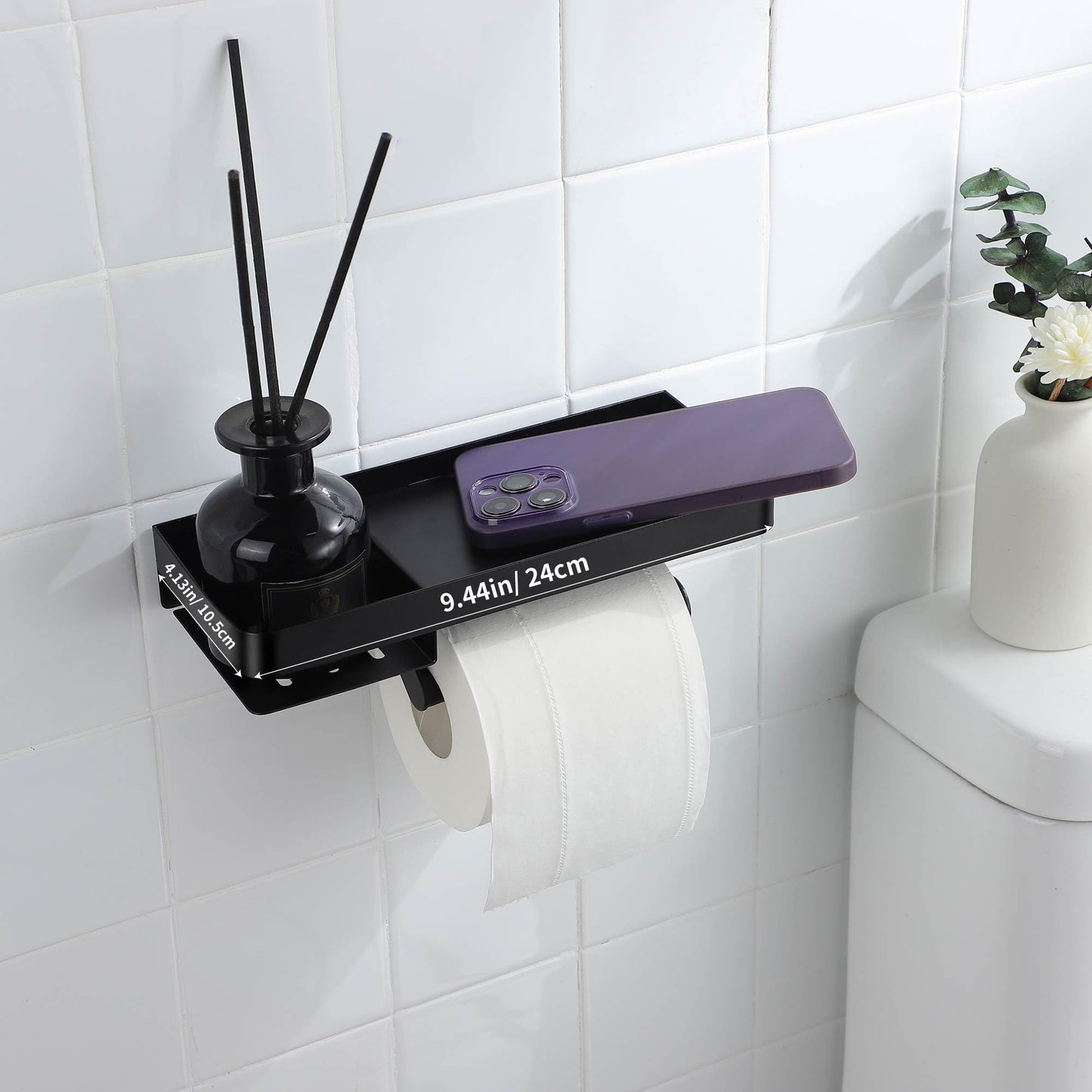 Toilet Paper Holder - Modern Luxury 304 Stainless Steel Rustproof Wall Mount Roll Holders, Matte Black for Master Bathroom/Small Space, Anti-Slip Shelf Holds Phone, Wipes & Small Items