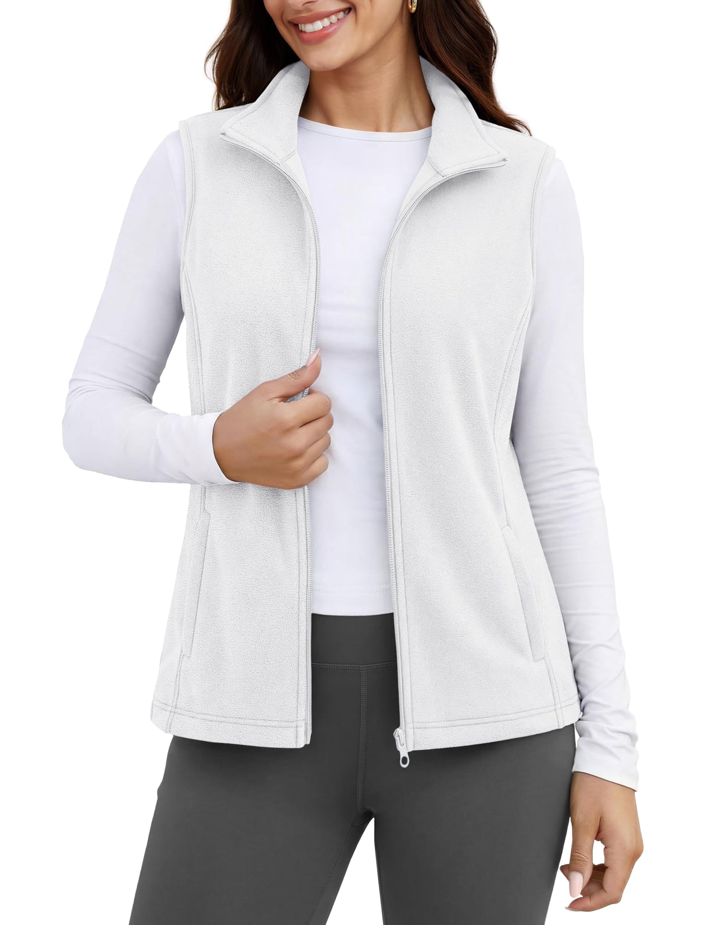MAGCOMSEN Ladies Fleece Vest Lightweight for Women Classic-Fit Sleeveless Jacket with Zipper Pockets White L