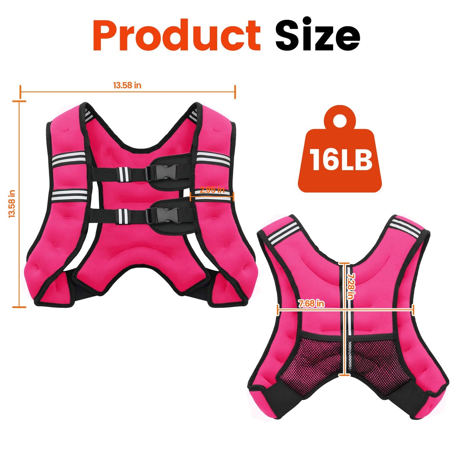 Poudee Weighted Vest, 16LB Weight Vest for Men Women, Body Weight Vests Adjustable with Reflective Stripe for Strength Training, Running, Training Workout, Jogging, Walking - 16LB, PINK
