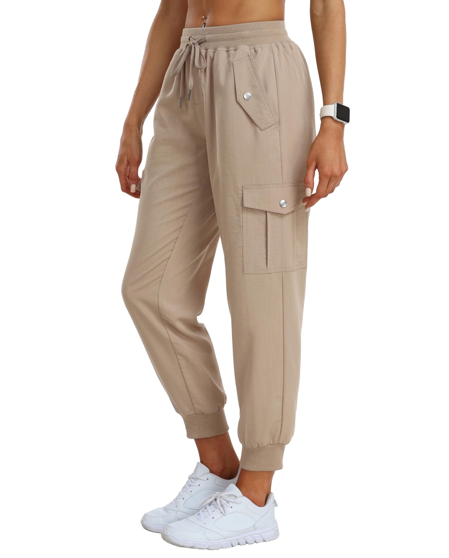 MoFiz Cargo Pants for Women Joggers Lightweight Quick Dry Running Sweatpants Outdoor Athletic Hiking Casual Travel Pant with Pocket Khaki L