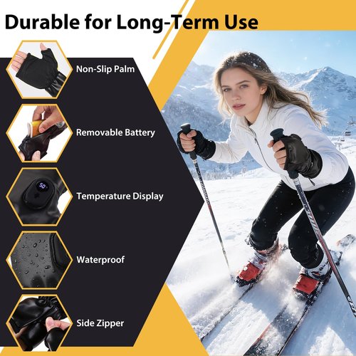 Heated Gloves for Women, Rechargeable Washable PU Leather Electric Heated Warm Winter Gloves for Motorcycle Skiing Bike Hunting Camping - Fingerless Glove for Cold Weather Arthritis Hands, Black