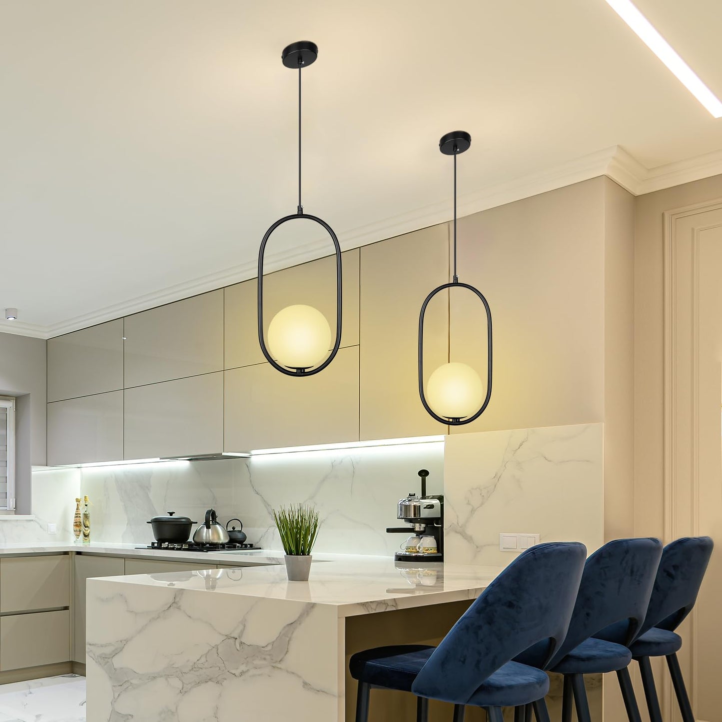 lobolighting Modern Pendant Lighting, 2 Pack Black Pendant Light Fixtures Adjustable Height Mid Century Chandelier, Frosted Glass Globe Single Hanging Light for Kitchen Island Dining Room Bedroom