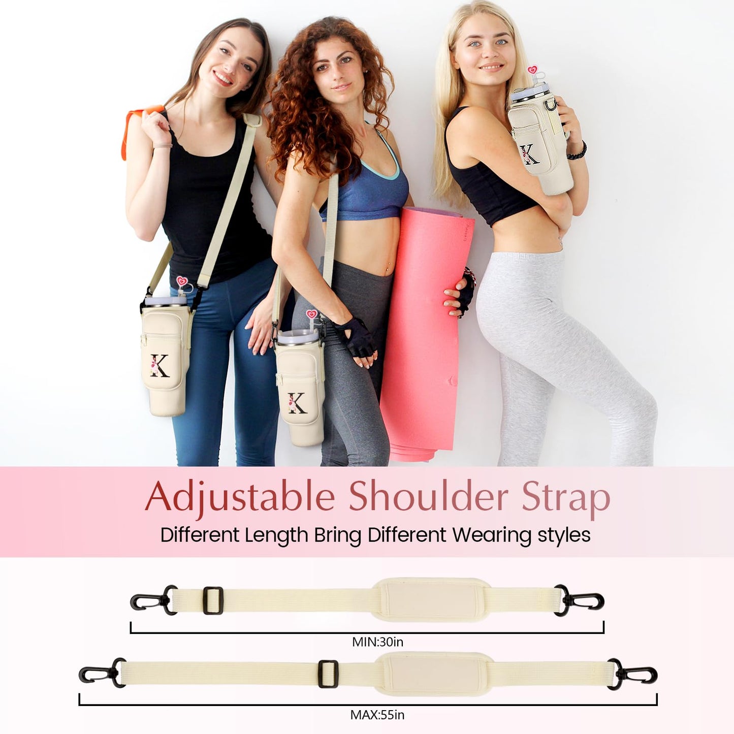 GOEWY Water Bottle Carrier Bag for Stanley 30 oz Tumbler with Handle Neoprene Water Bottle Holder Pouch Stanley Cup Accessories Gift Set with 1 Straw Cover & 1 Letter Charm J