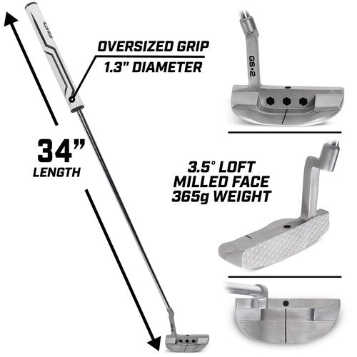 GoSports GS2 Tour Golf Putter - 34 Inch Right-Handed Mallet Putter with Oversized Fat Grip and Milled Face