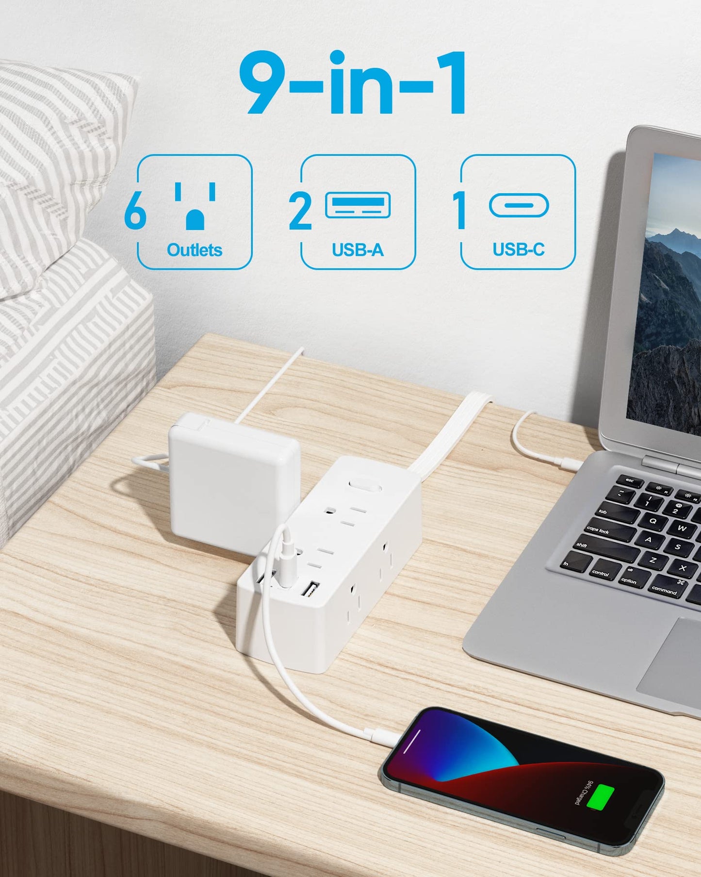 2 Prong Flat Plug Power Strip, Olcorife 2 Prong to 3 Prong Outlet Adapter, 5 FT Flat Extension Cord with 6 Outlets 3 USB Ports(1 USB C), 2000J Surge Protector, US to Japan Plug Adapter