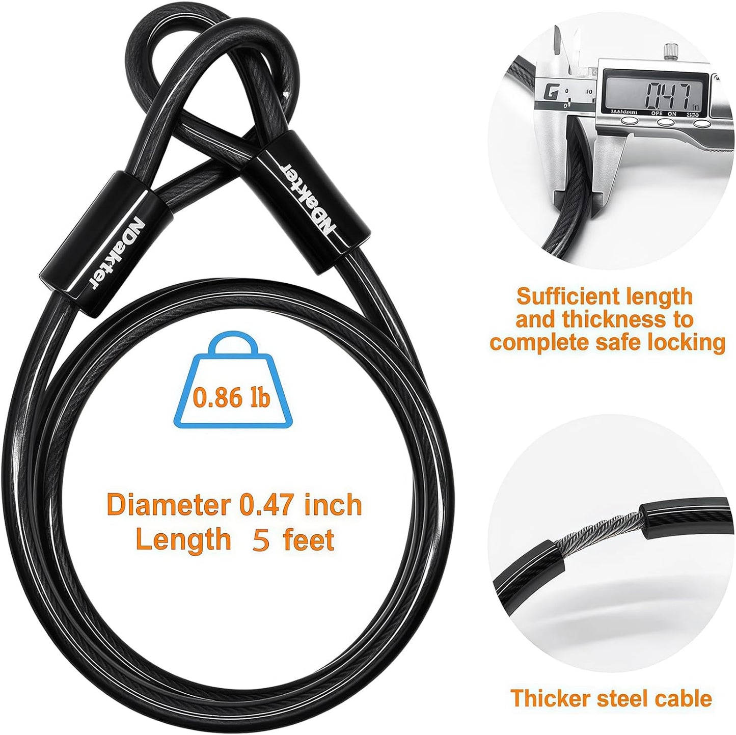 NDakter Heavy-Duty Bike Lock - Anti-Theft U Lock with 4-Digit Combination & 5Ft Steel Cable | Large Size for E-Bikes & Motorcycles