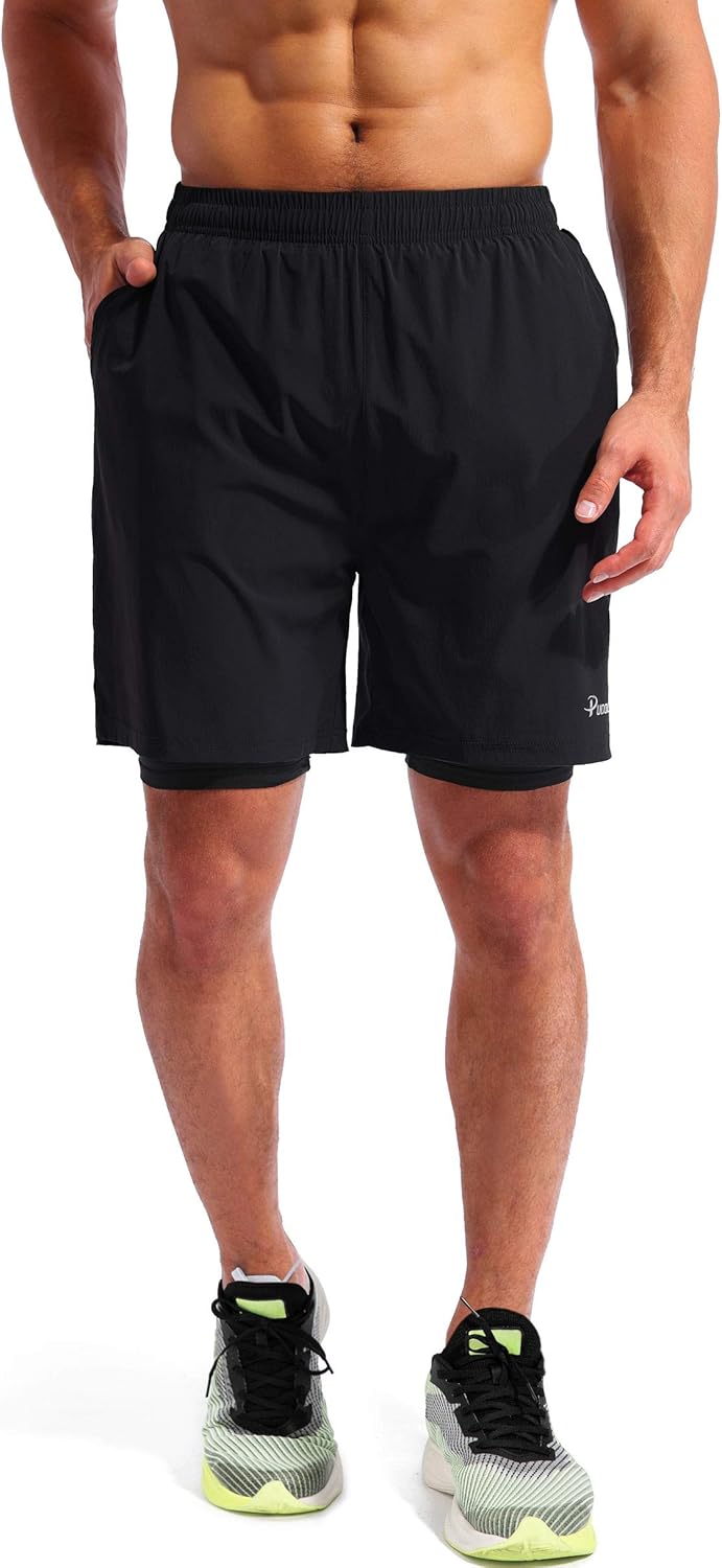 Pudolla Men's 2-in-1 Running Shorts - Quick Dry Athletic Workout Shorts with Phone Pockets | 5" Length