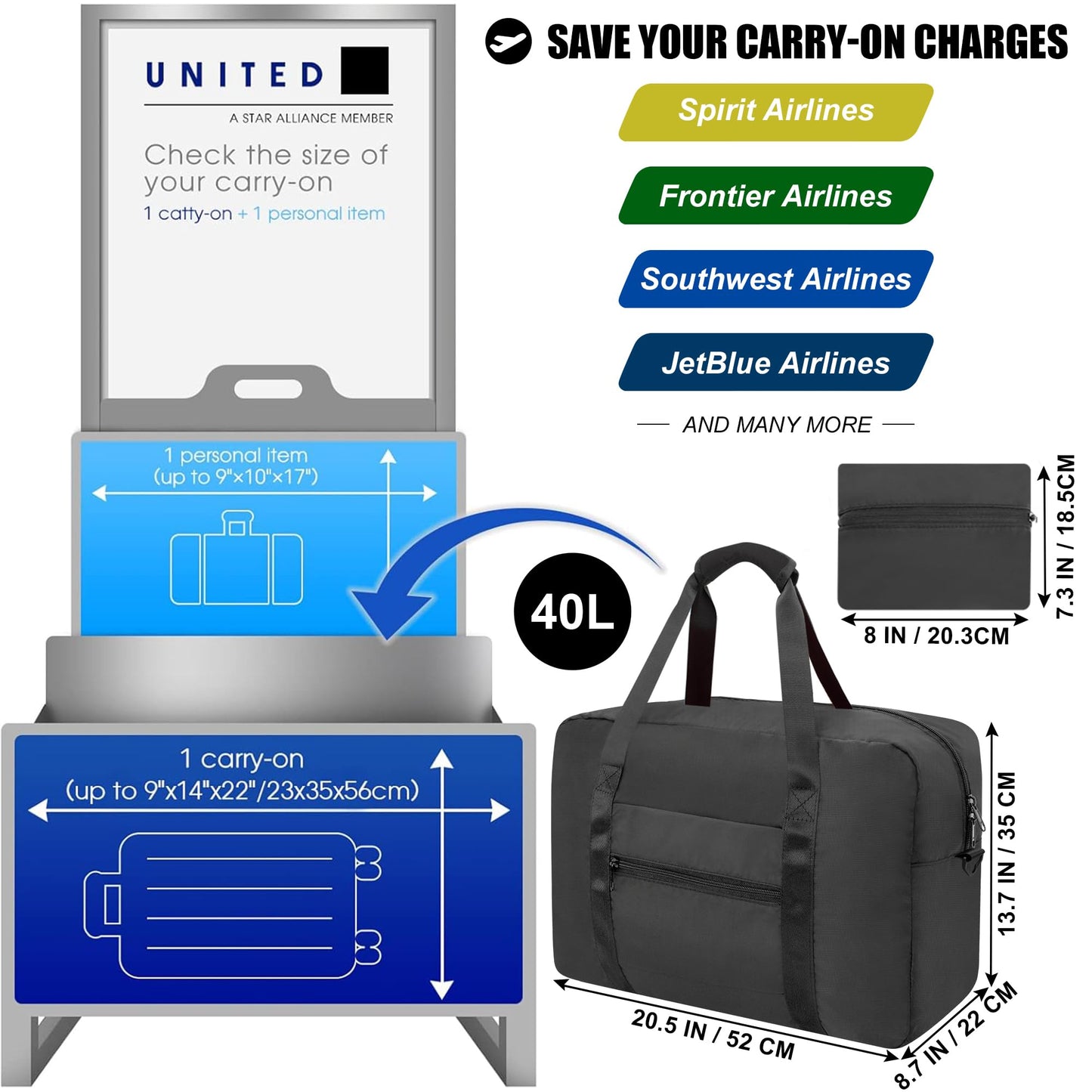 Foldable Travel Duffle Bag, Airlines Approved Carry On Bag Weekender Overnight Bag for Men Women, 40L (Black)