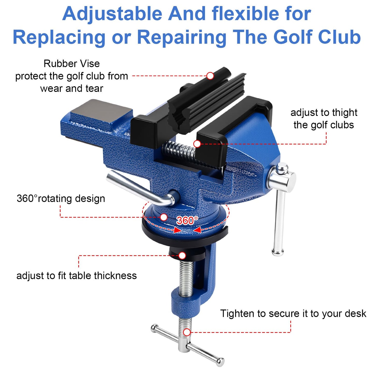 Lanties Golf Grip Kits for Repair Golf Clubs Heavy Duty Grip Removal Repair Tool Kit with 360° Portable Table Vise Rubber Clamp Hook Knife Double-Sided Tape Strips Tape Remover and Gloves(Blue)