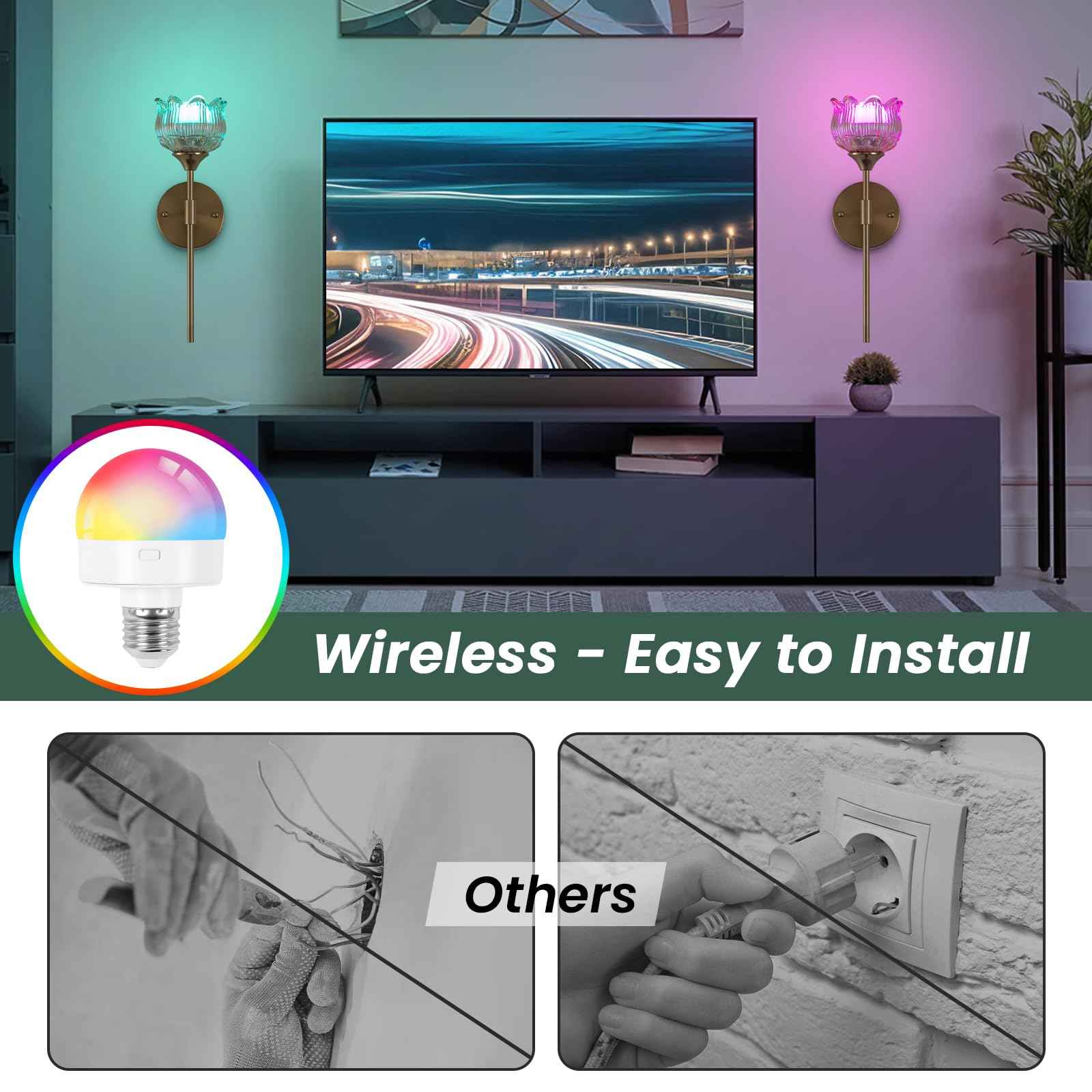 Rnzziw Battery Operated Wall Sconces Set of 2, Wireless Wall Sconce with USB, Rechargeable LED Light Bulbs 12 Colors Industrial Brushed Brass Wall Lamp for Bedroom Living Room, Bulbs Included (Amber)