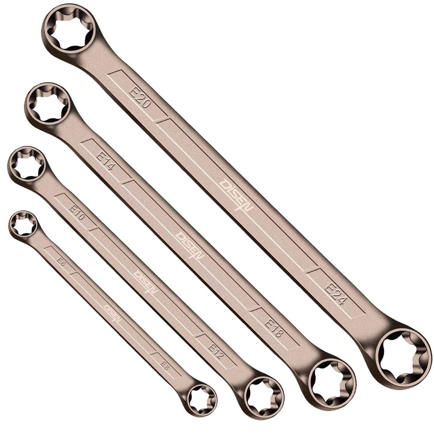 DISEN 2025 Upgraded 4-Piece E-Torx Wrench Set, Double Box End Wrench Set, CR-V Steel, Including E6*E8, E10*E12, E14*E18 and E20*E24