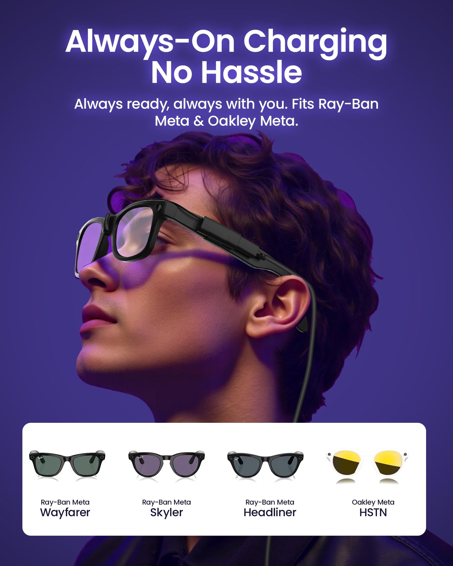 Charging Cable Accessories Compatible with Ray-Ban & Oakley Meta Smart Glasses – Always-On Short Cord + Bonus 1m USB-C Cable, Works with Wayfarer, Skyler, Headliner, HSTN, Smart Chip Stable Charging