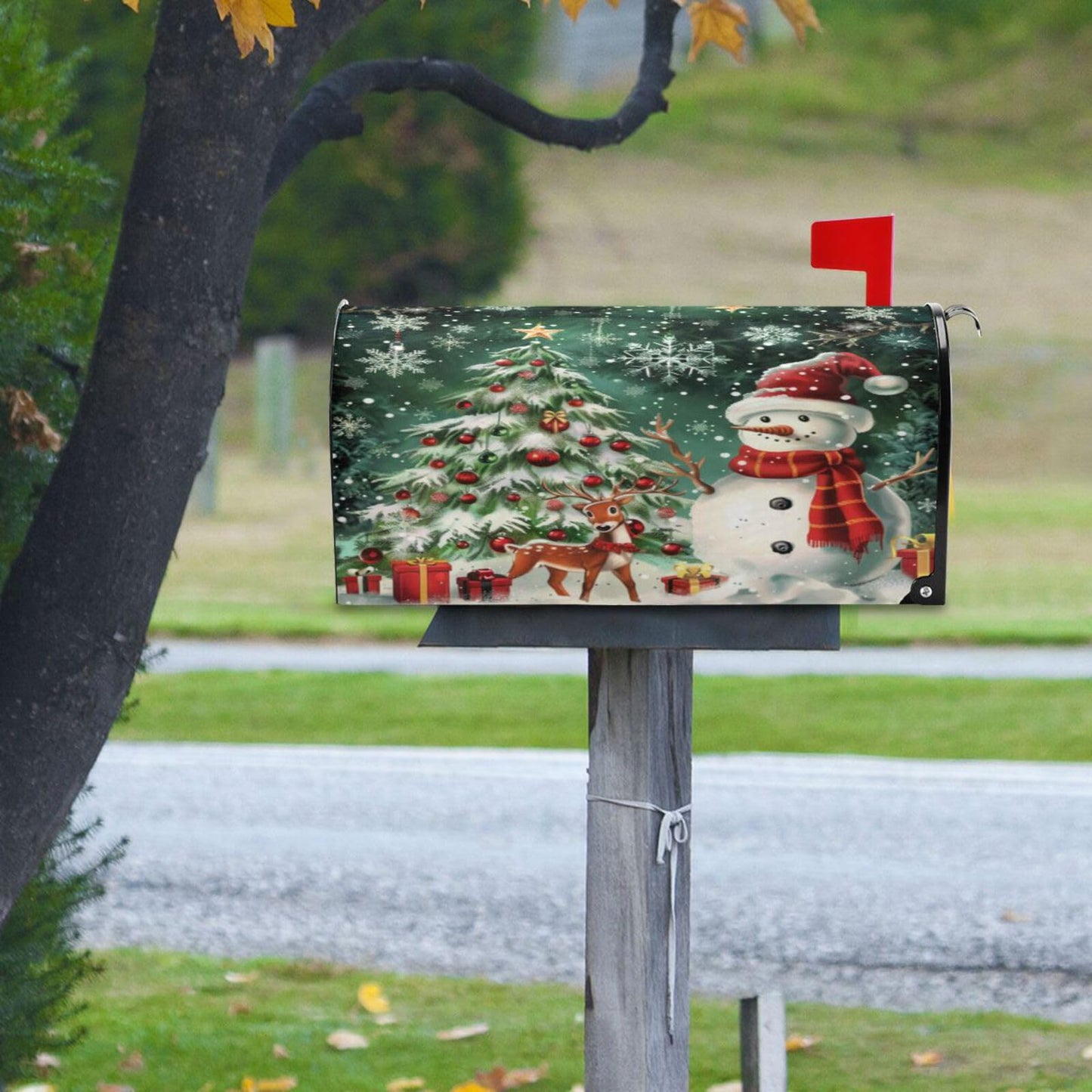 Kcldeci Snowman Christmas Tree Magnetic Mailbox Wrap - Winter Xmas Post Letter Box Cover - Garden 18x21