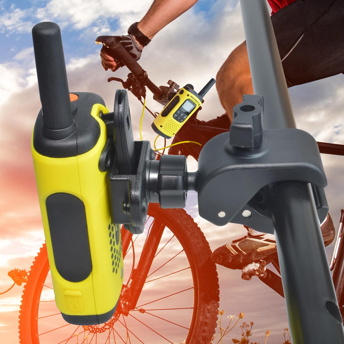 HYS Heavy-Duty Motorycle Walkie Talkie Mount - Bike Handheld Ham Radio Holder Handlebar Clamp (0.79-1.97inchs) - Universal Two Way Radio with Clip Holder Mount for Bike Motobike ATVs MTBs Golf carts