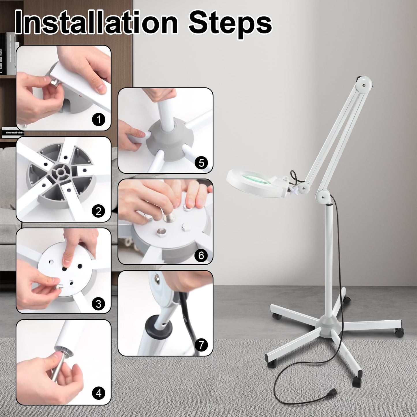 VARIPOWDER Magnifying Glass with Light and Stand with 5 Wheels Rolling for Estheticians Mag Floor Lamp for Facials Dimmable Work -1500 Lumens for Lash Extensions, Sewing, Close Work, Crafts