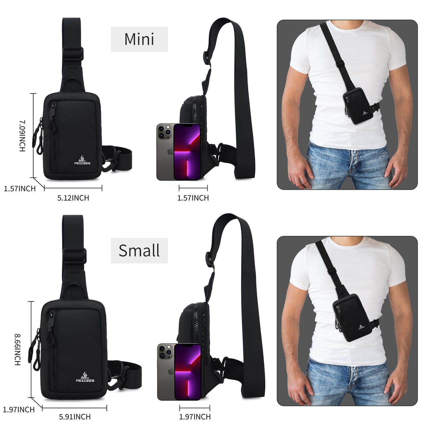 Peicees Small Crossbody Bag for Men Women Mini Sling Bag Travel Running Phone Daypack Cross Body Shoulder Bags, 2 Sizes, Mini Army Green
