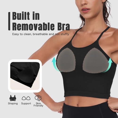 VEQKING 3 Pack Sports Bras Women High Neck Seamless Ribbed Longline Light Impact Yoga Tank Top with Built-in Bra Spaghetti Strap Racerback Breathable Removable Padded Workout Top
