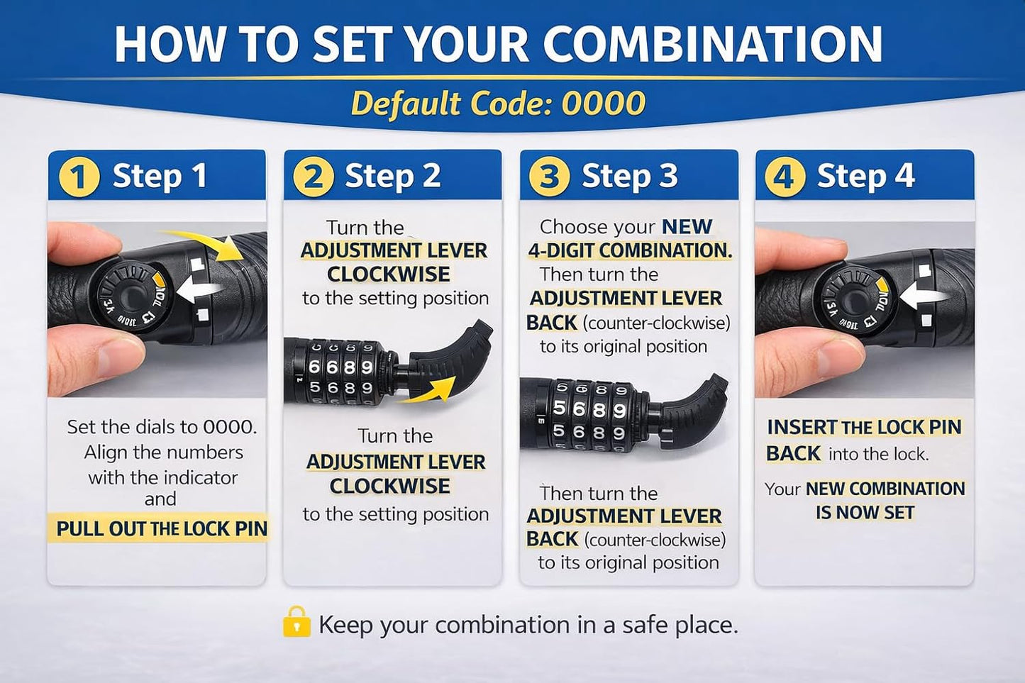 Skiennix Bike Lock Cable - 4 Ft 10Mm Resettable Combination Lock for Bikes, Scooters & Gates