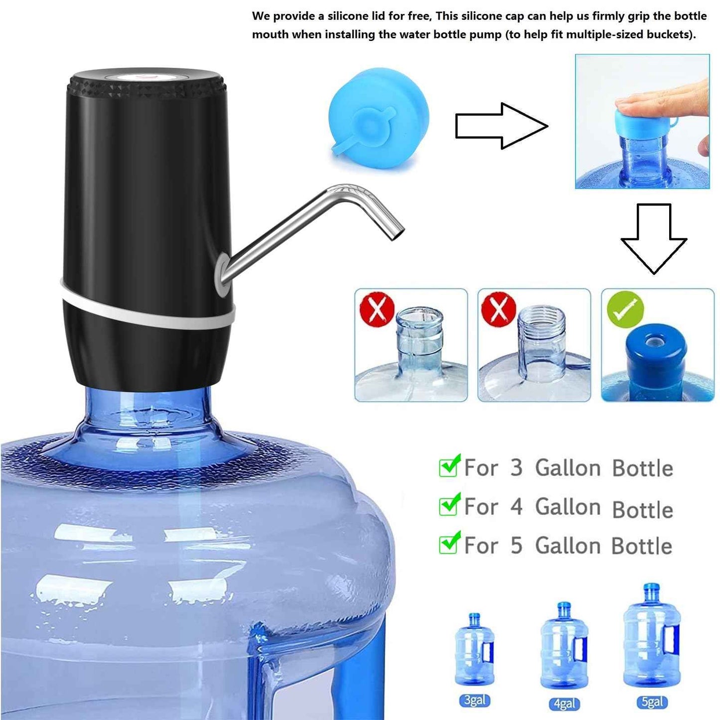 Myvision 2 Pack Electric Portable 5 Gallon Water Dispenser, Universal Micro USB Charging Water Bottle Pump, 3-5 Gallon Jug Water Dispenser with Silicone Cap (2pcs Mode 9)