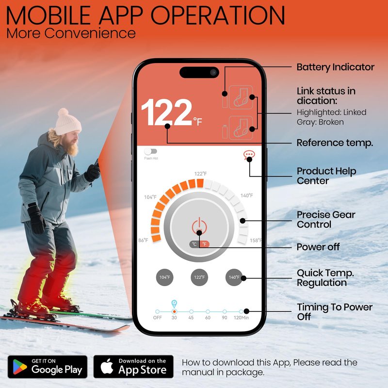 SURGOAL Merino Wool Heated Socks, 7.4V Rechargeable Battery Up to 10-Hour, APP-Controlled Electric Ski Socks for Men Women, Snowboarding, Hunting, Camping (Grey&Yellow)