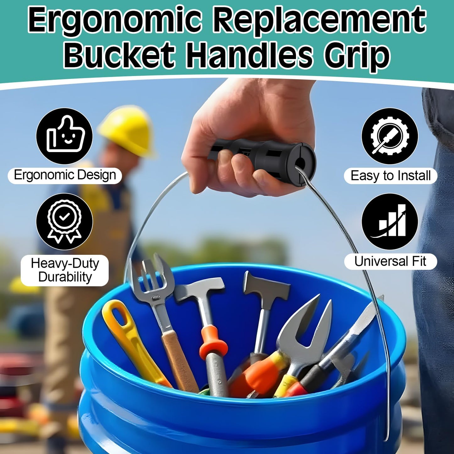 Gulfmew 4 Pack Ergonomic Replacement Bucket Handles Grip – Ergonomic Plastic Handles for 5 Gallon Buckets, Fits Construction, Gardening, Cleaning, Painting, DIY, Farming & Car Wash Use (Black)